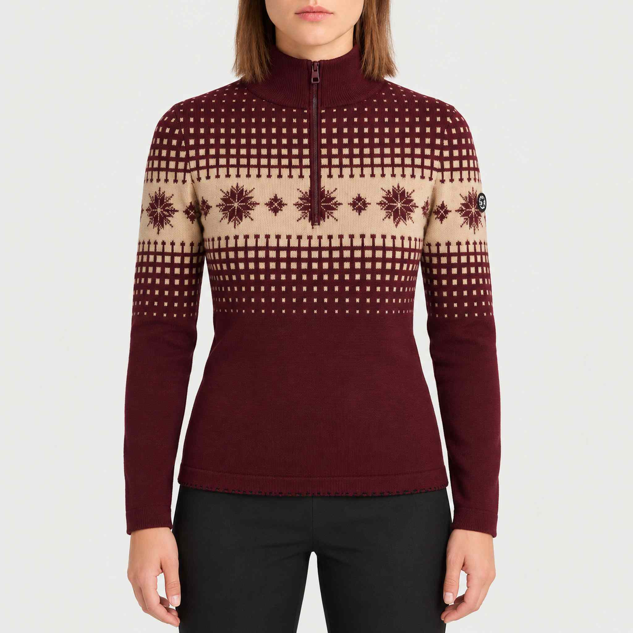 Newland womens Altaris Half Zip in Amarone - model front. AI-generated from supplied artwork.