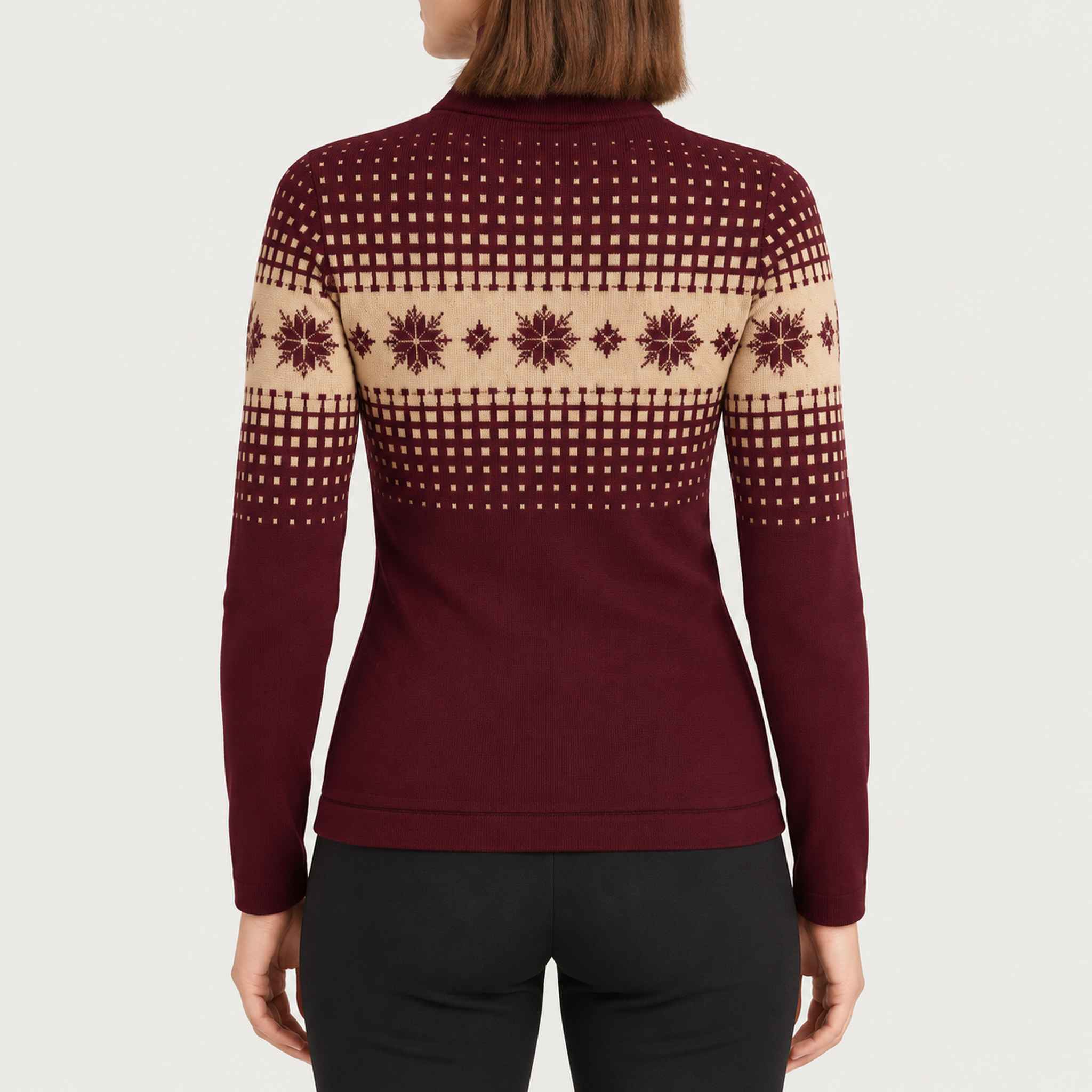 Newland womens Altaris Half Zip in Amarone - model back. AI-generated from supplied artwork.