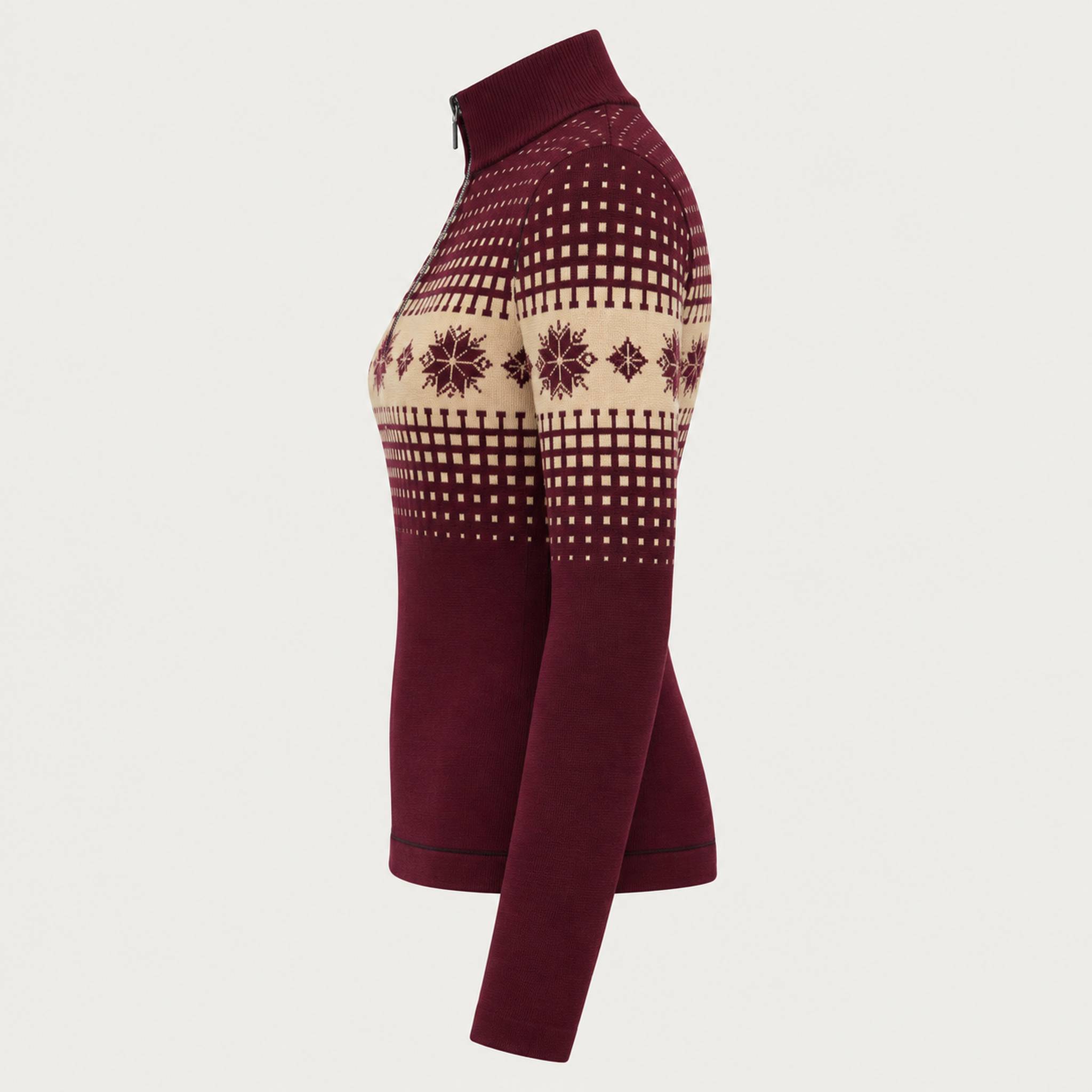 Newland womens Altaris Half Zip in Amarone - side. AI-generated from supplied artwork.