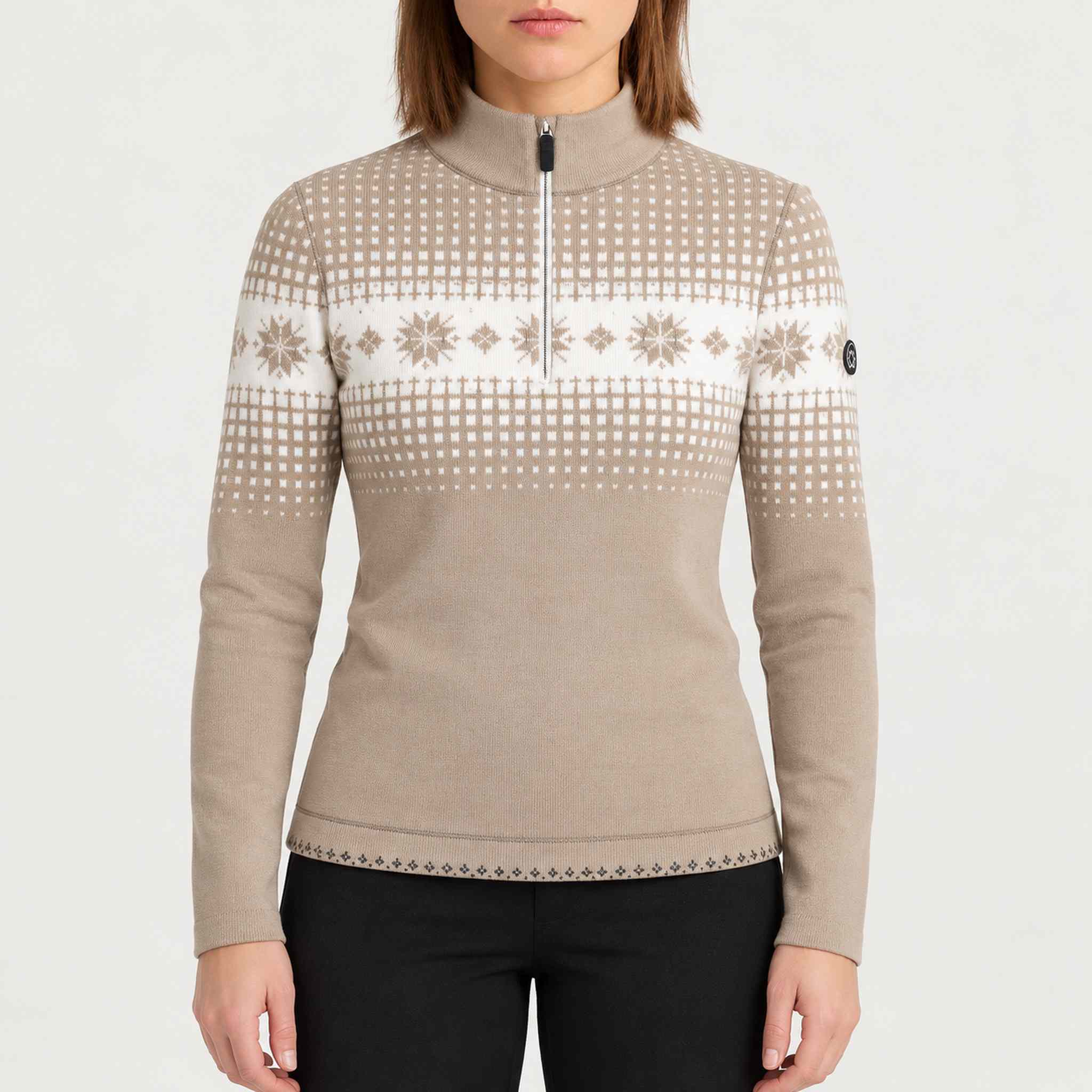 Newland womens Altaris Half Zip in Stone - model front. AI-generated from supplied artwork.