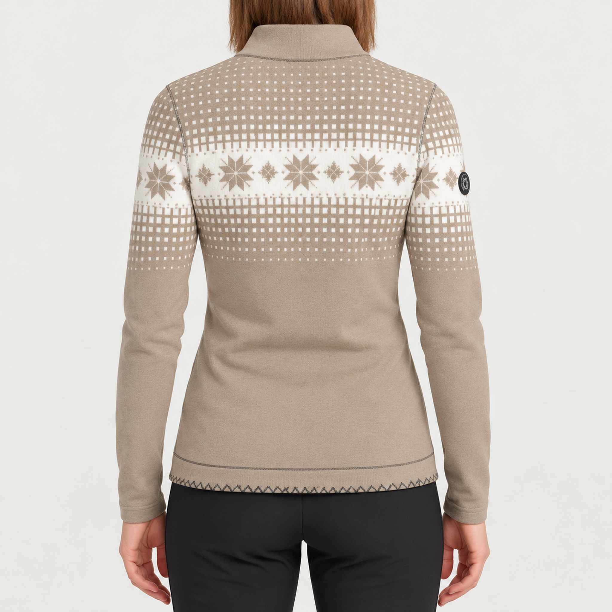 Newland womens Altaris Half Zip in Stone - model back. AI-generated from supplied artwork.