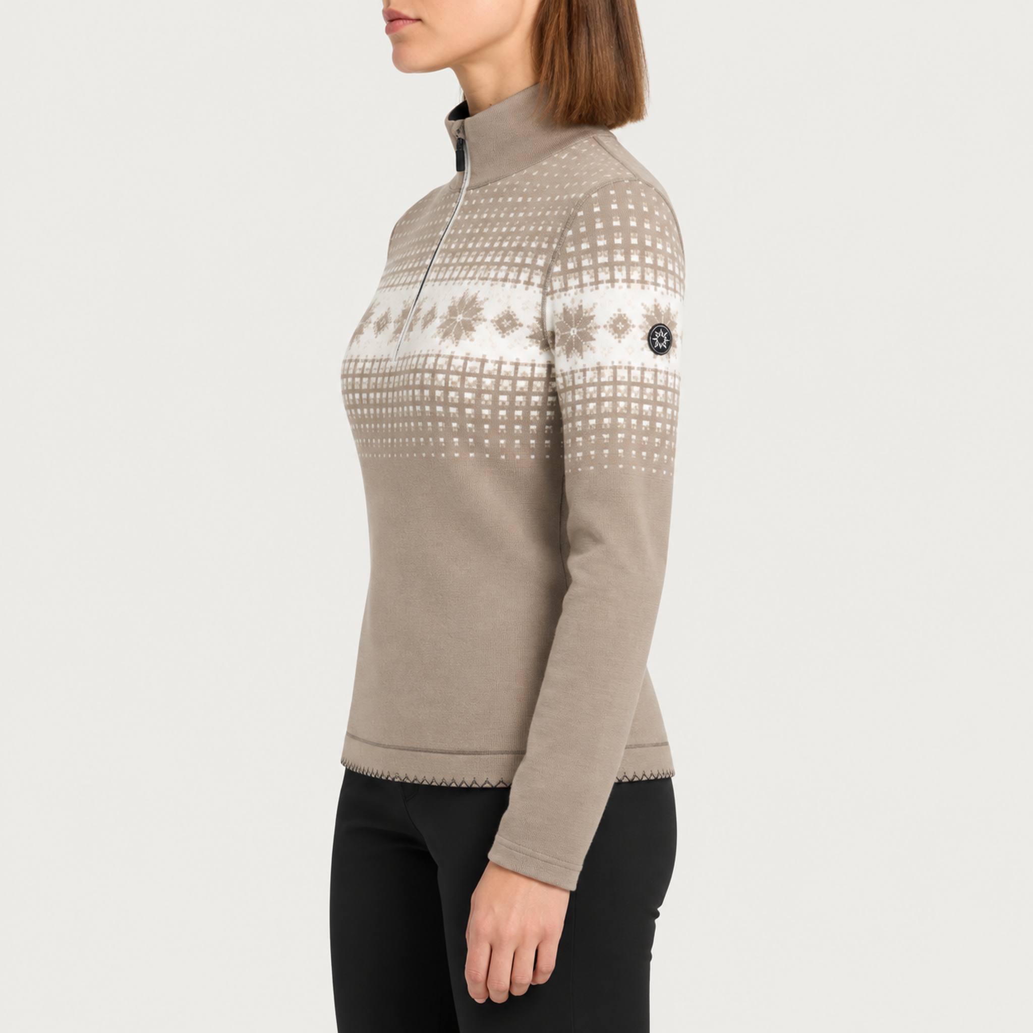 Newland womens Altaris Half Zip in Stone - model side. AI-generated from supplied artwork.