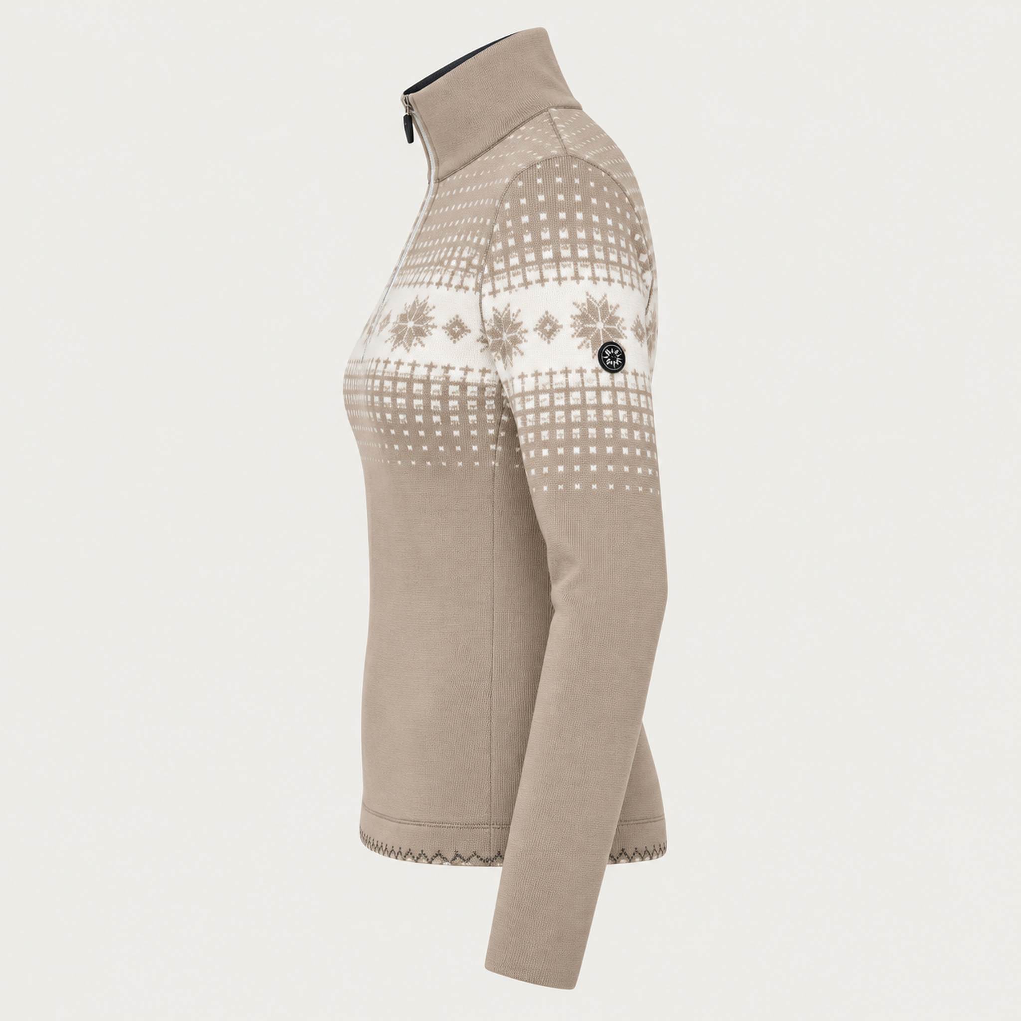 Newland womens Altaris Half Zip in Stone - side. AI-generated from supplied artwork.
