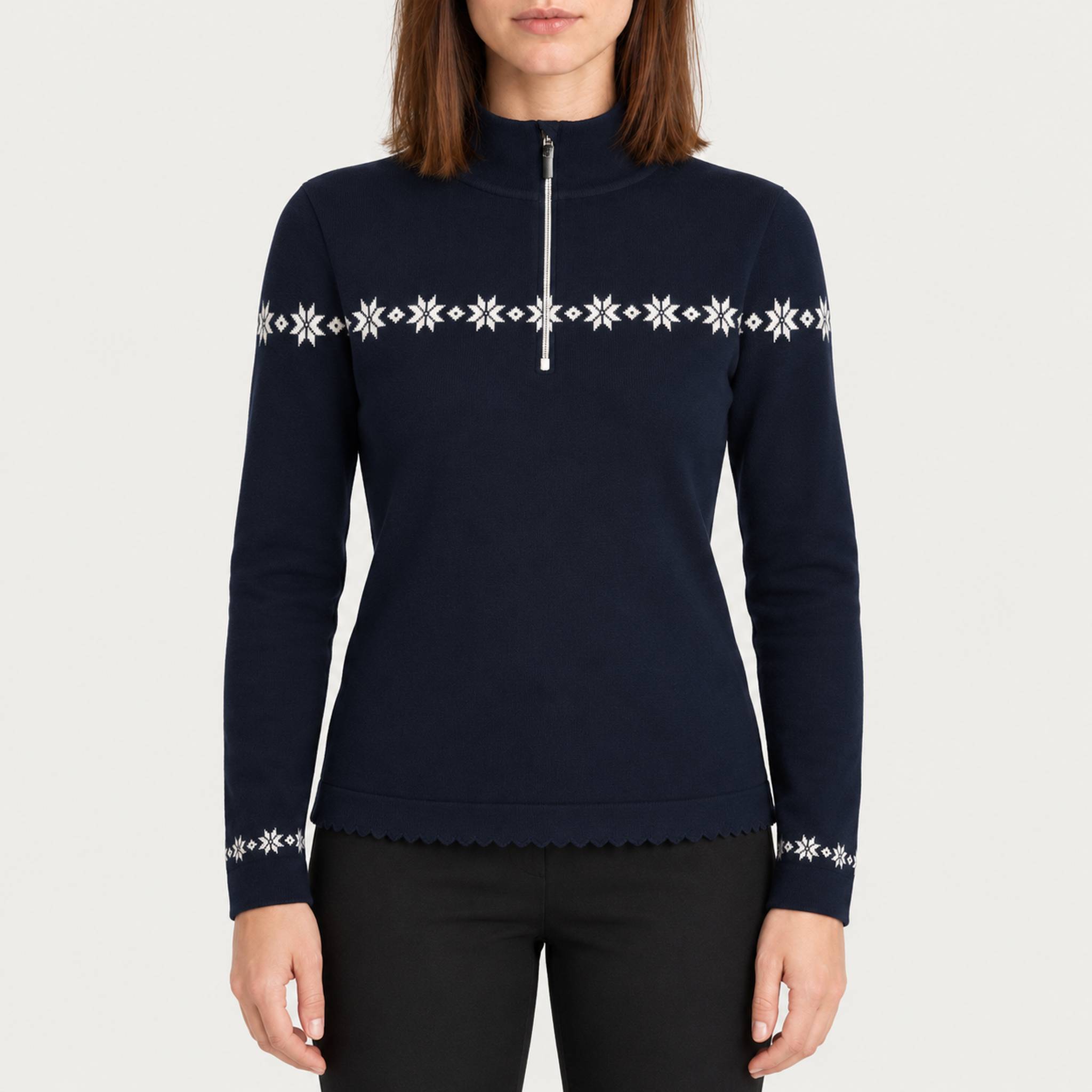 Newland womens Eirian Half Zip - model front. AI-generated from supplied artwork.