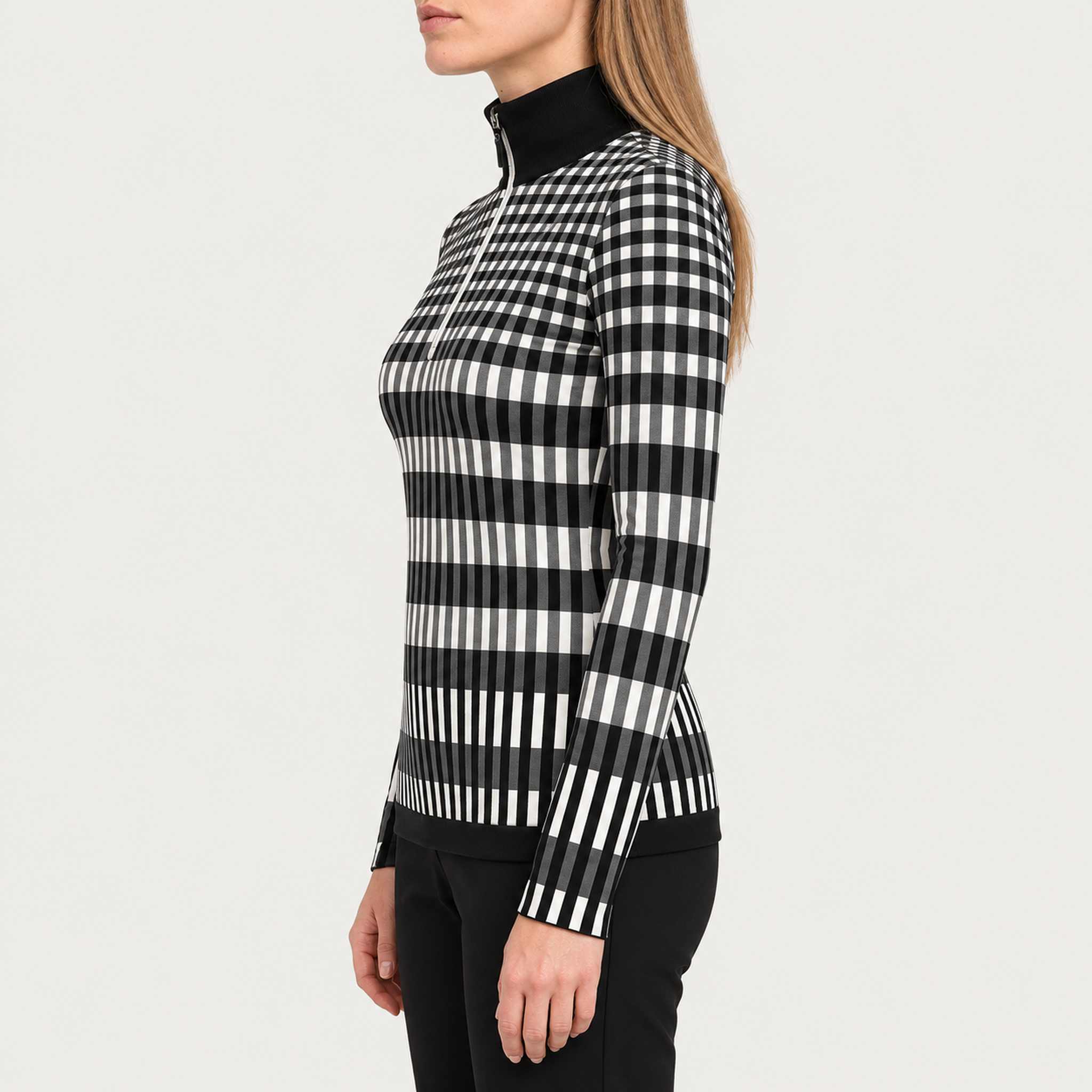 Newland womens Hikari Half Zip in Black - model side. AI-generated from supplied artwork.