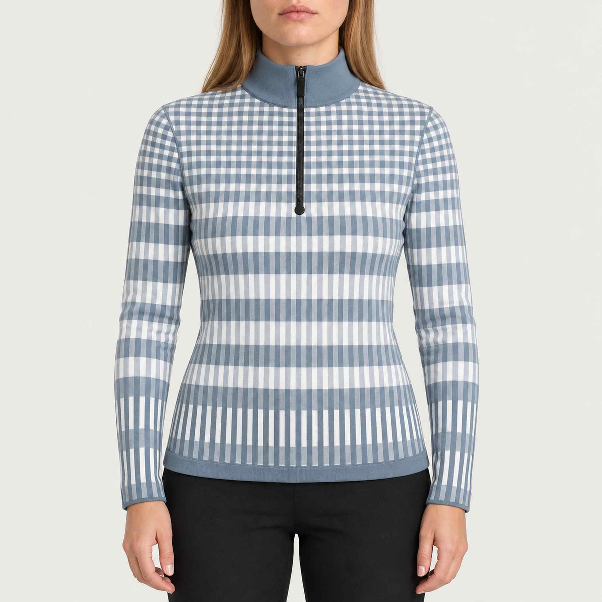 Newland womens Hikari Half Zip in Ice Grey - model front. AI-generated from supplied artwork.