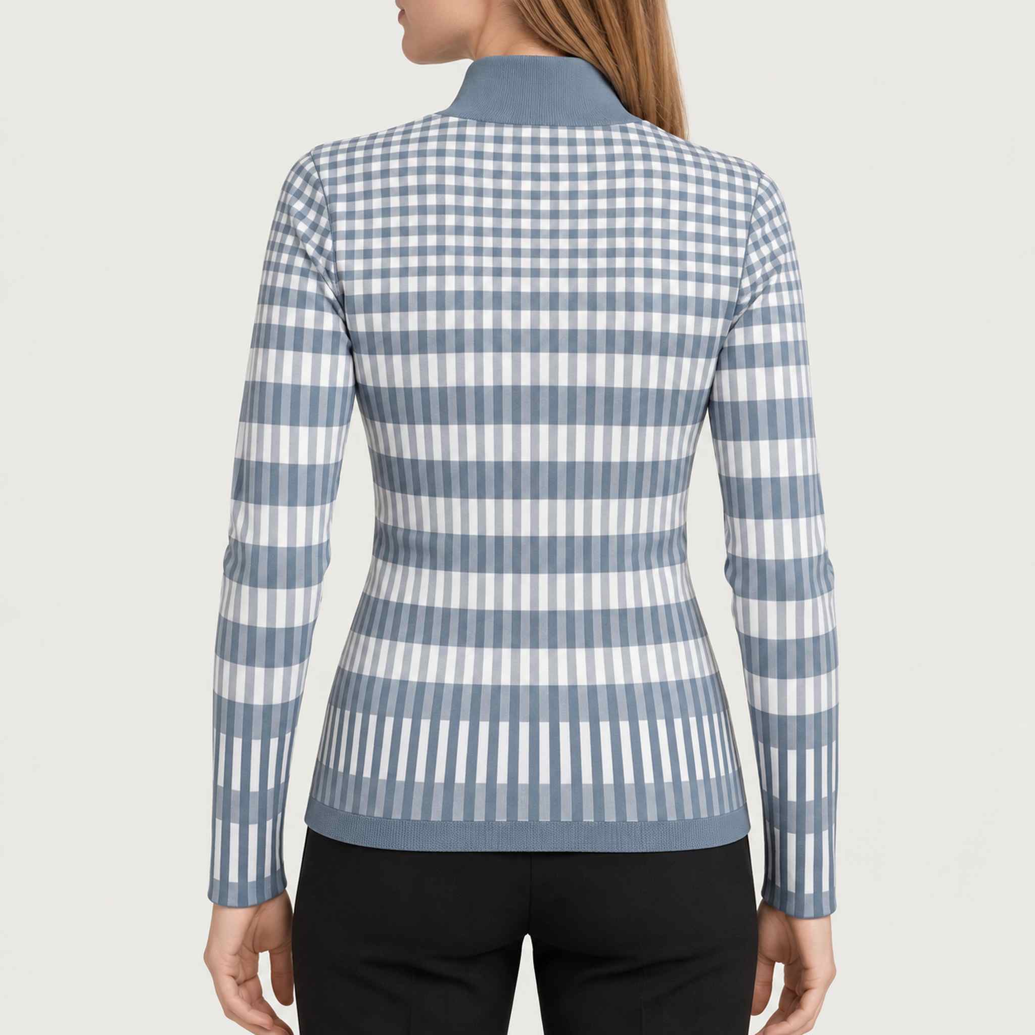 Newland womens Hikari Half Zip in Ice Grey - model back. AI-generated from supplied artwork.