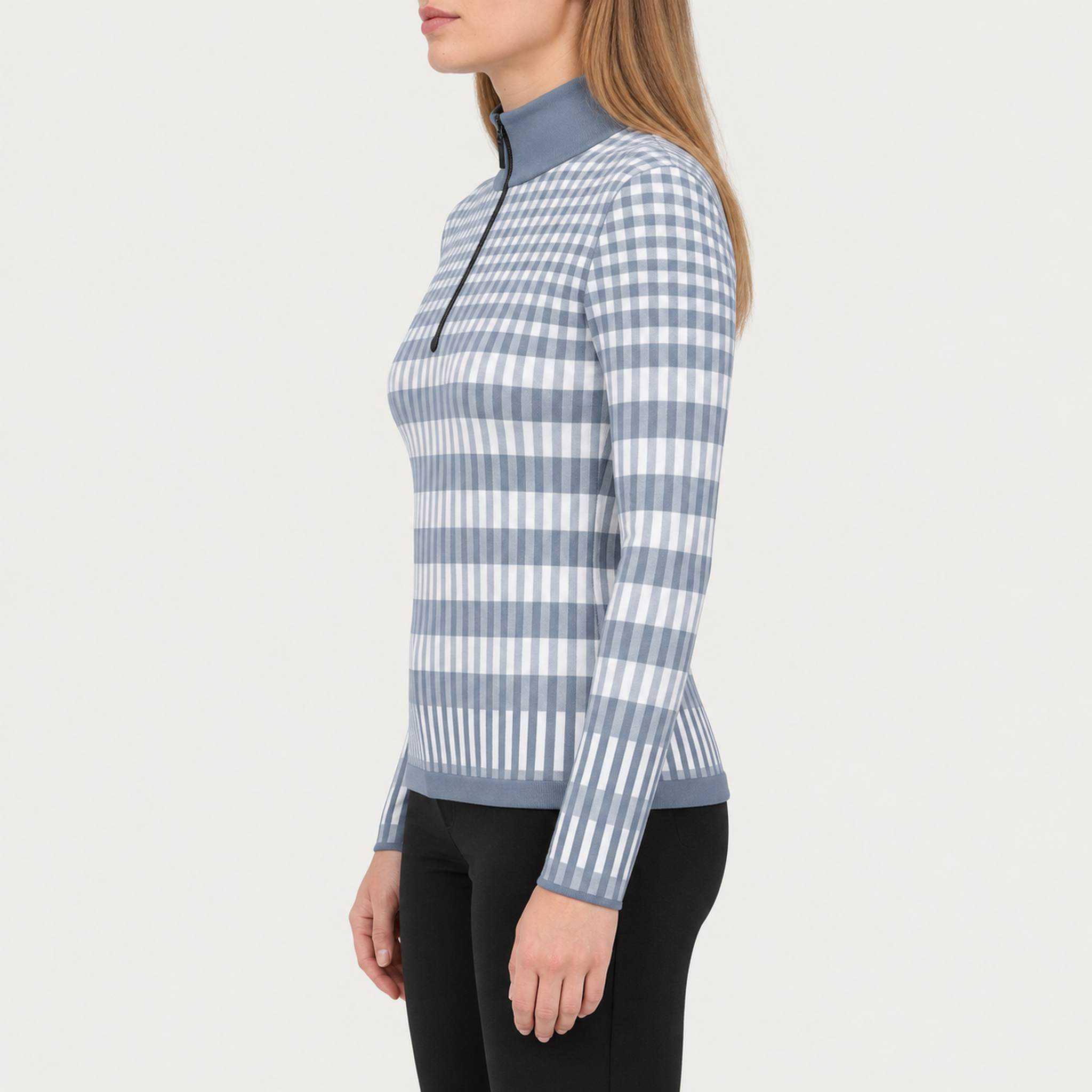 Newland womens Hikari Half Zip in Ice Grey - model side. AI-generated from supplied artwork.