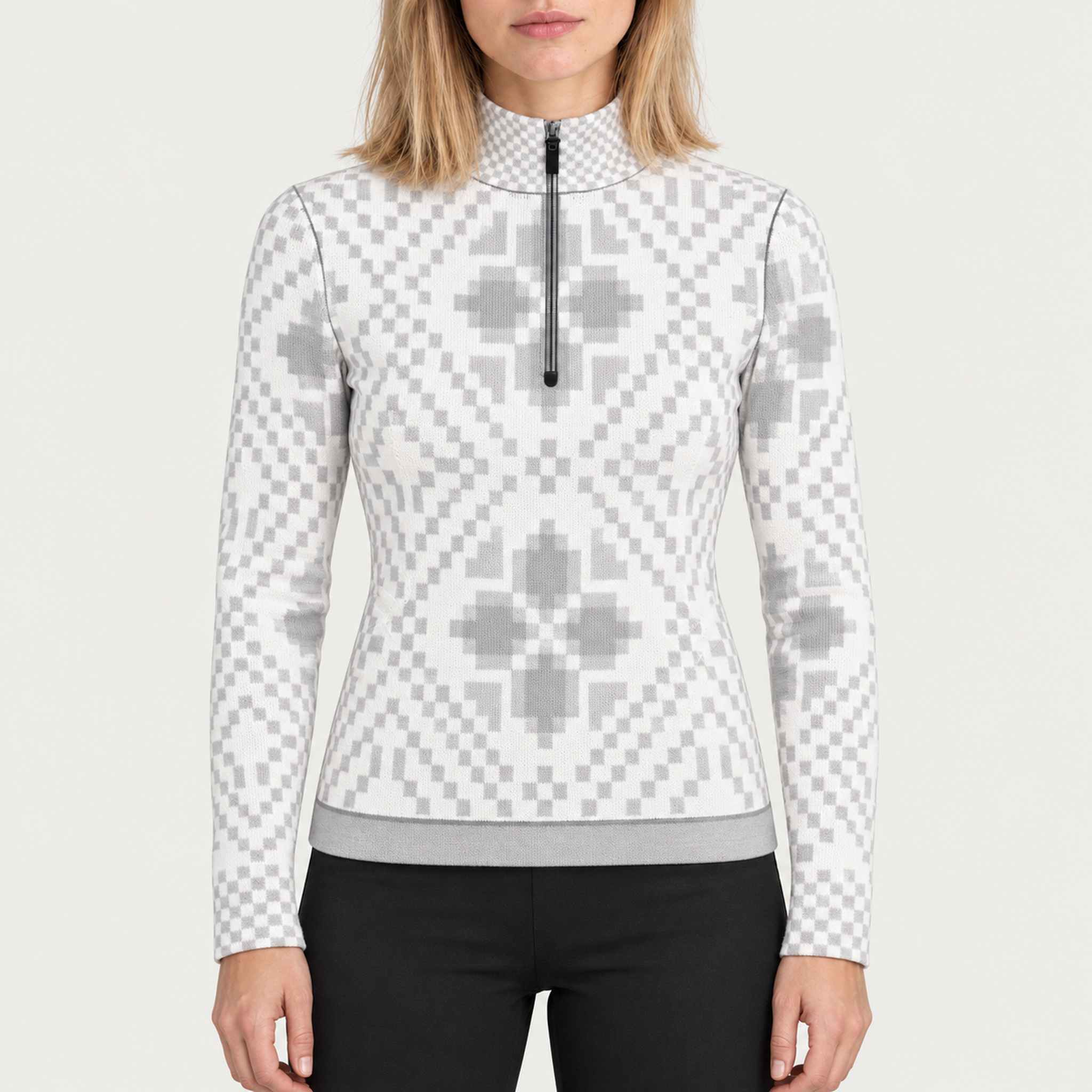 Newland womens Karina Half Zip - model front. AI-generated from supplied artwork.