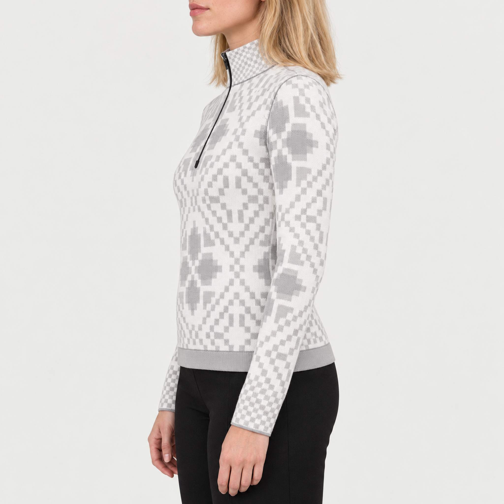 Newland womens Karina Half Zip - model side. AI-generated from supplied artwork.