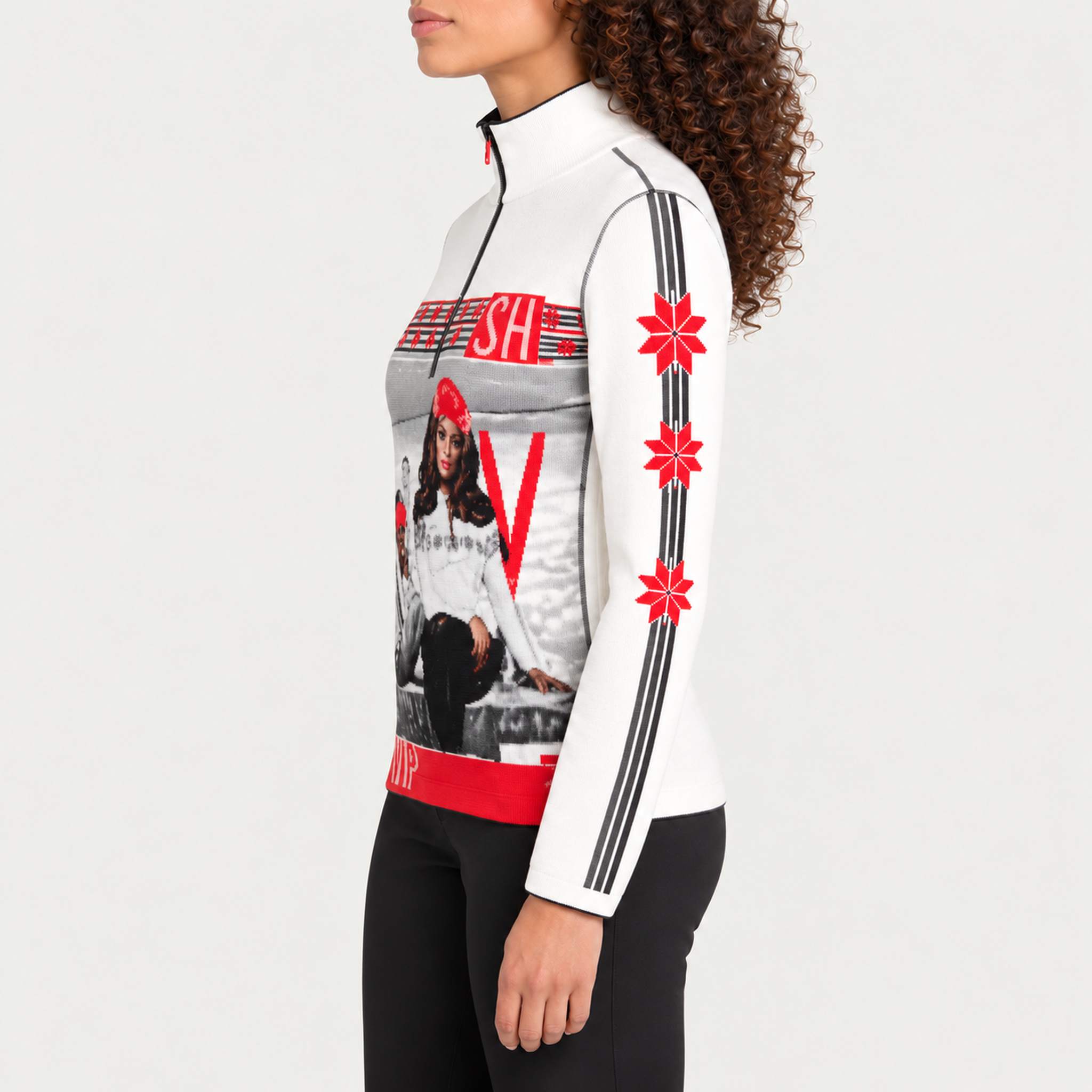Newland womens Lumi Half Zip - model side. AI-generated from supplied artwork.