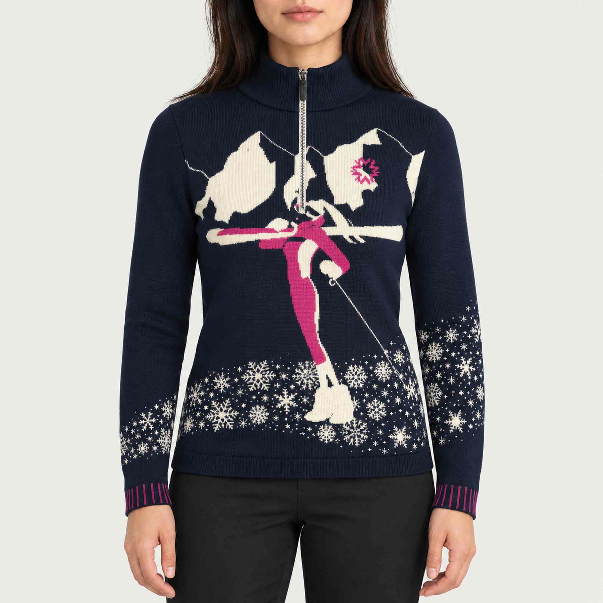 Newland womens Lysith Half Zip in Navy - model front. AI-generated from supplied artwork.