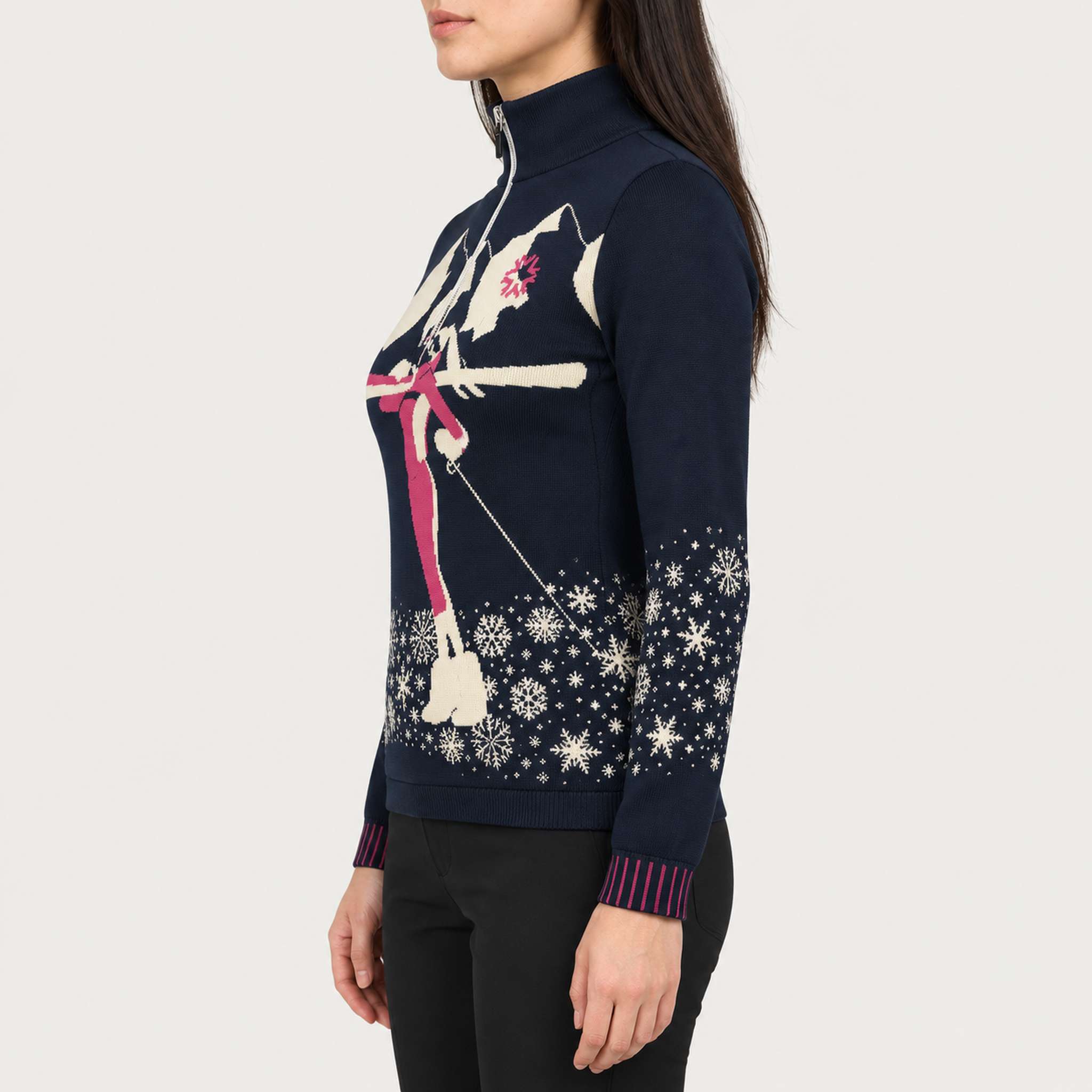 Newland womens Lysith Half Zip in Navy - model side. AI-generated from supplied artwork.