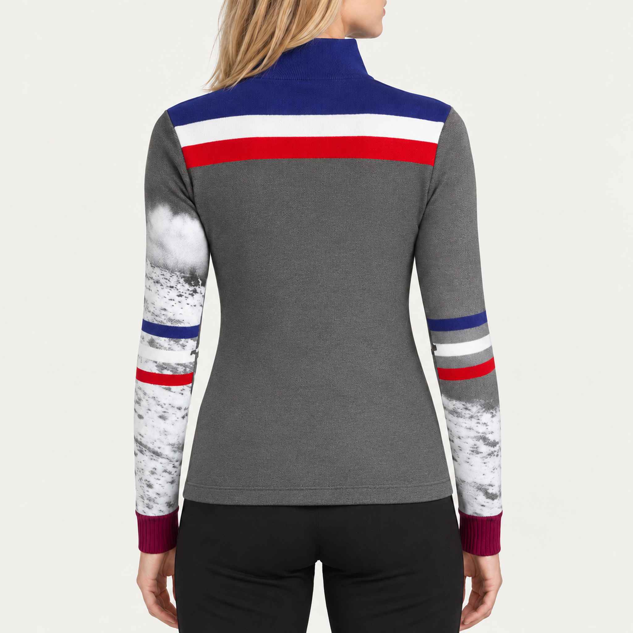 Newland womens Melita Half Zip - model back. AI-generated from supplied artwork.