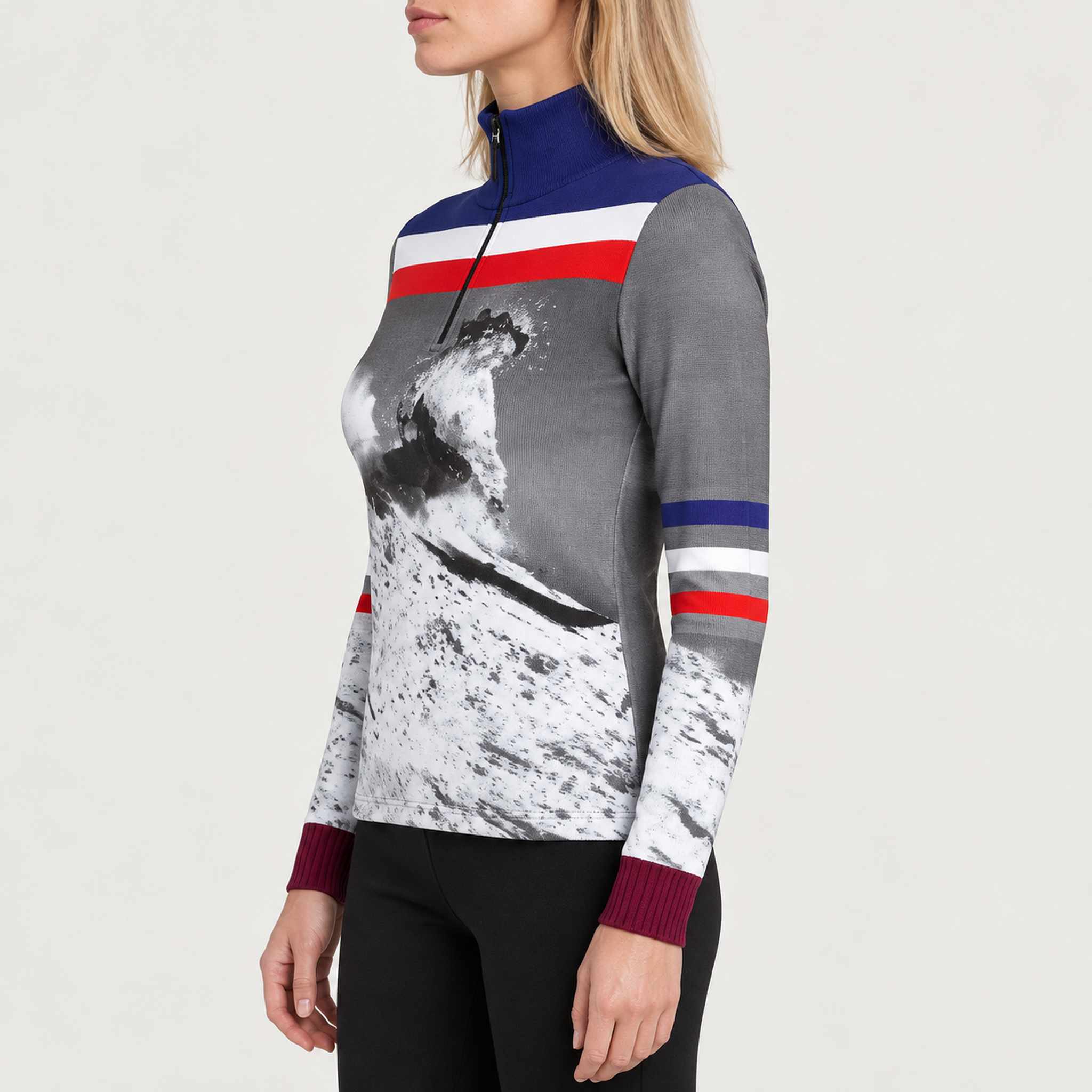 Newland womens Melita Half Zip - model side. AI-generated from supplied artwork.