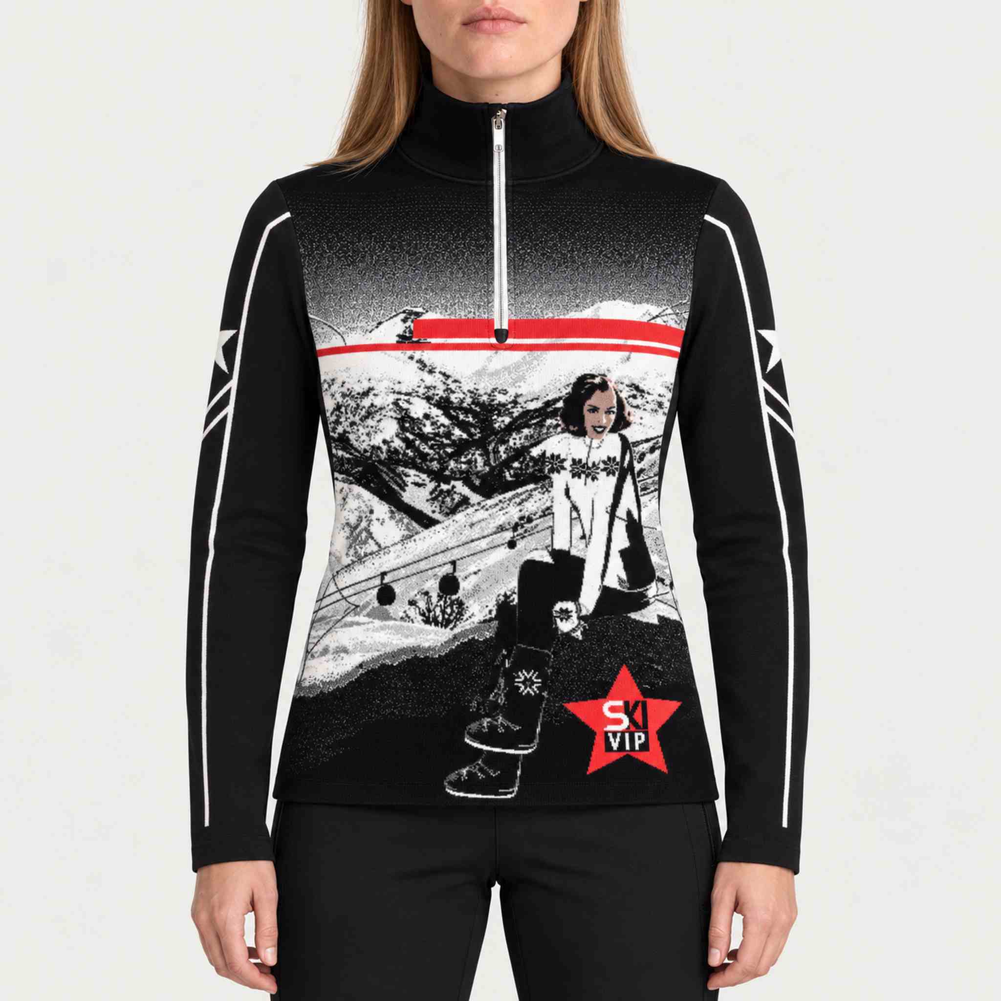 Newland womens Mys Half Zip in Black - model front. AI-generated from supplied artwork.
