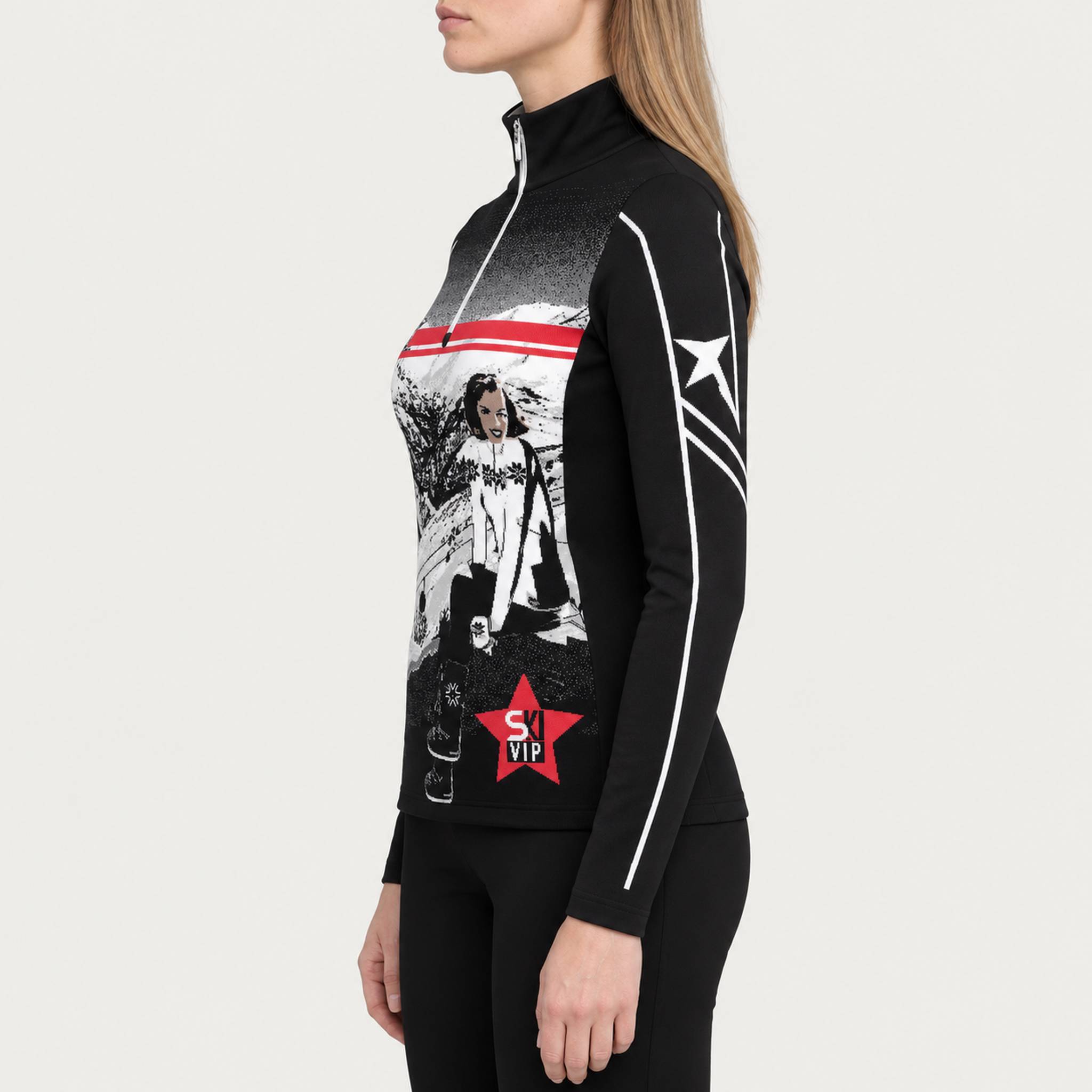 Newland womens Mys Half Zip in Black - model side. AI-generated from supplied artwork.