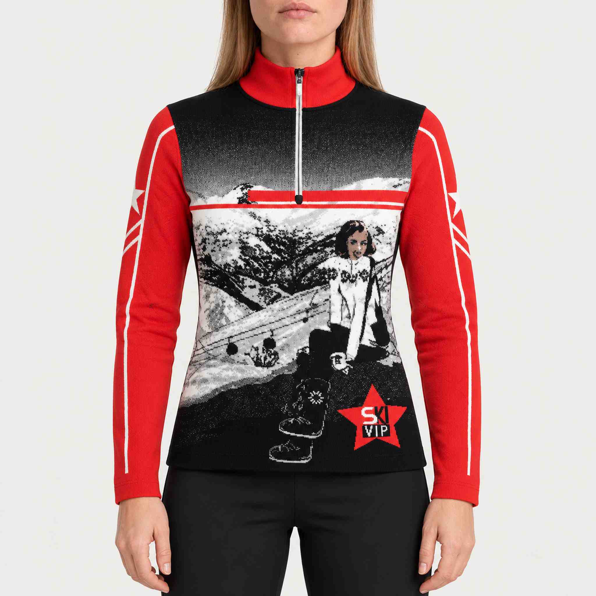 Newland womens Mys Half Zip in Red - model front. AI-generated from supplied artwork.