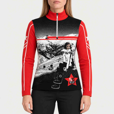Newland womens Mys Half Zip in Red - model front. AI-generated from supplied artwork.