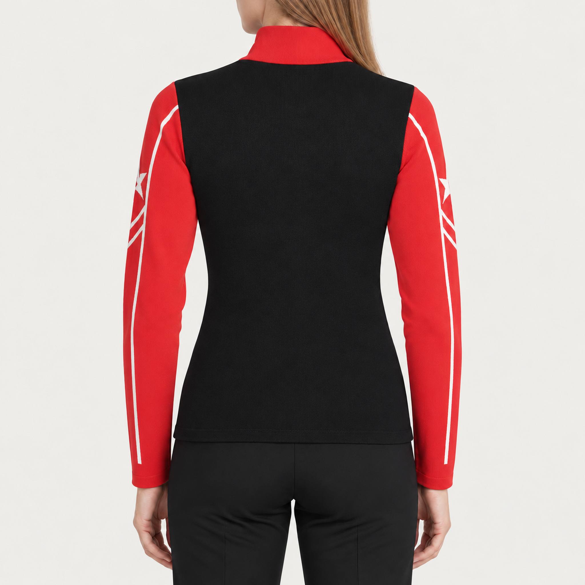 Newland womens Mys Half Zip in Red - model back. AI-generated from supplied artwork.