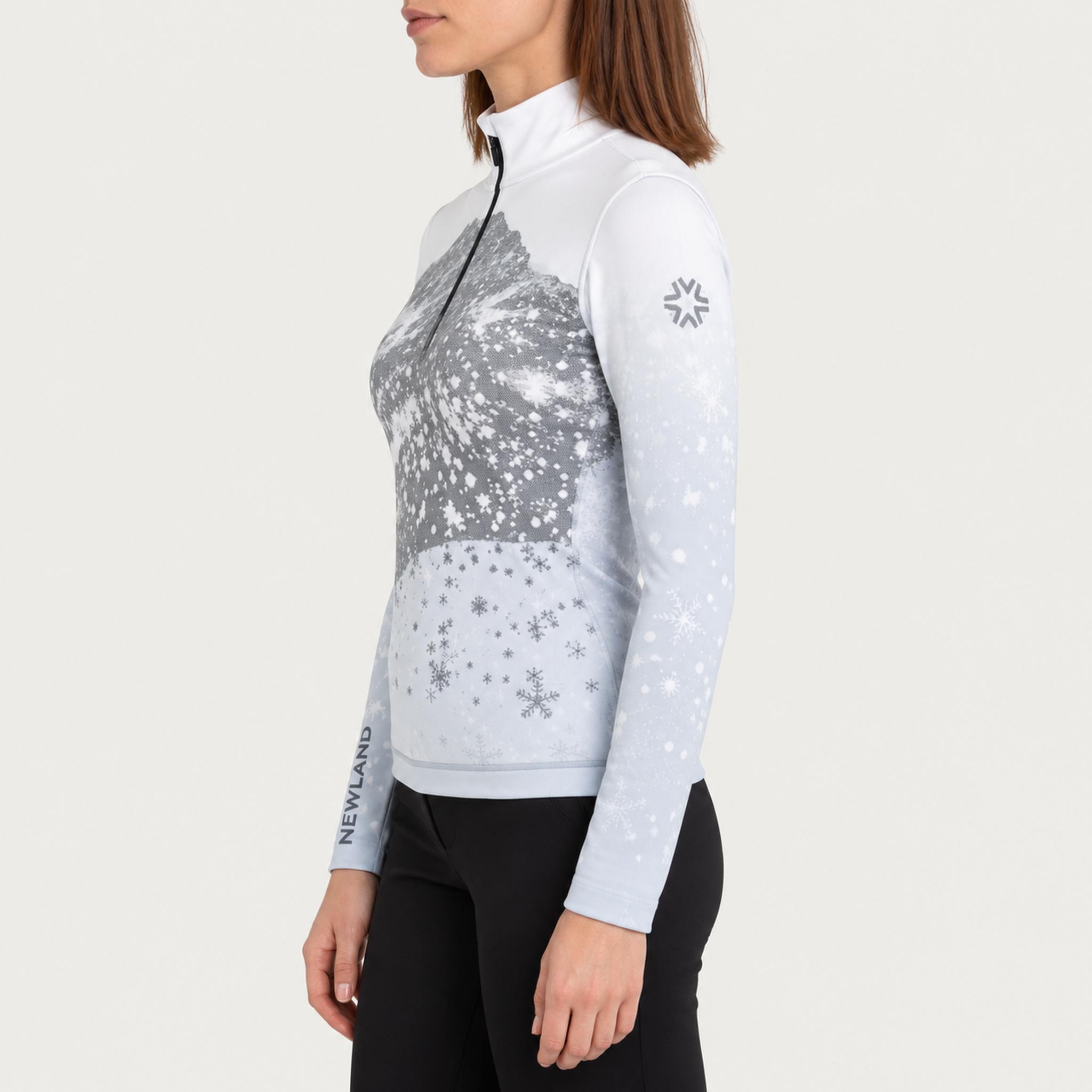 Newland womens Neige Half Zip - model side. AI-generated from supplied artwork.