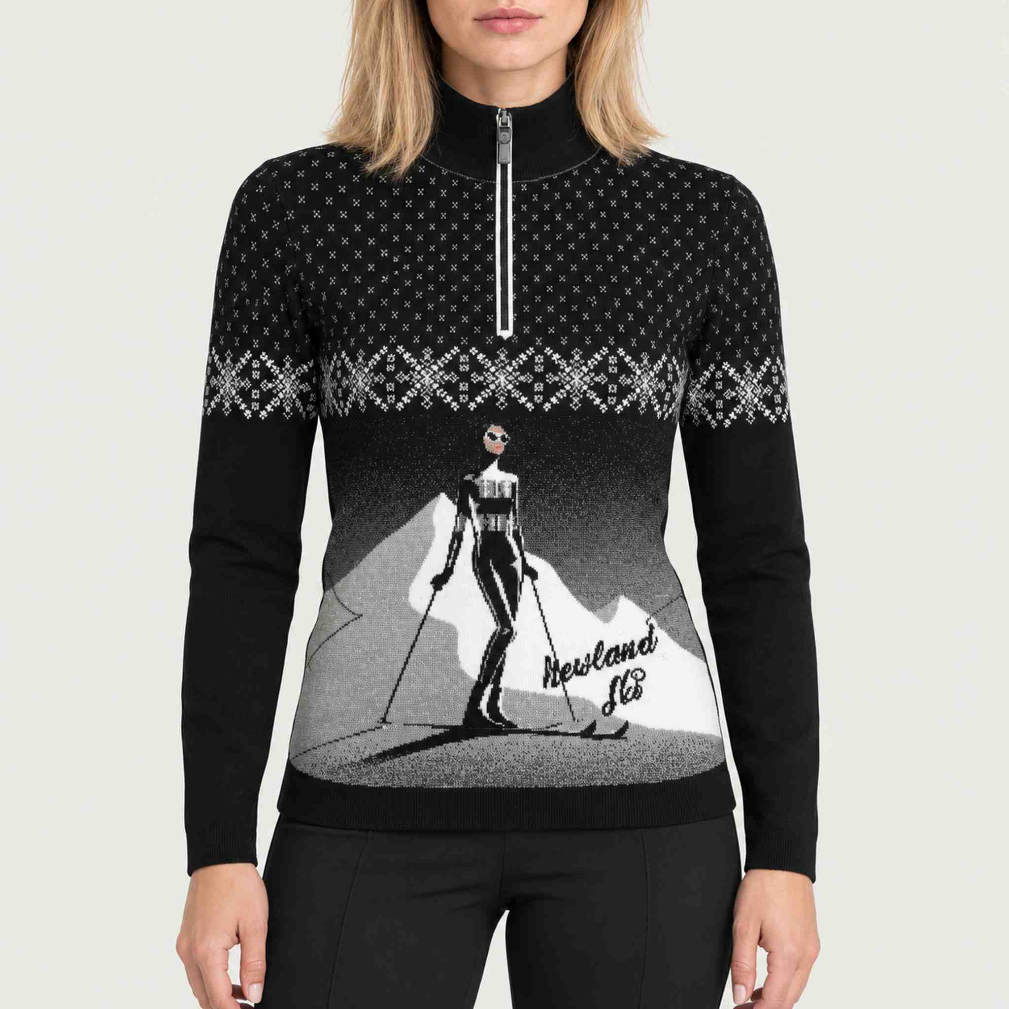 Newland womens Nivea Half Zip in Black - model front. AI-generated from supplied artwork.