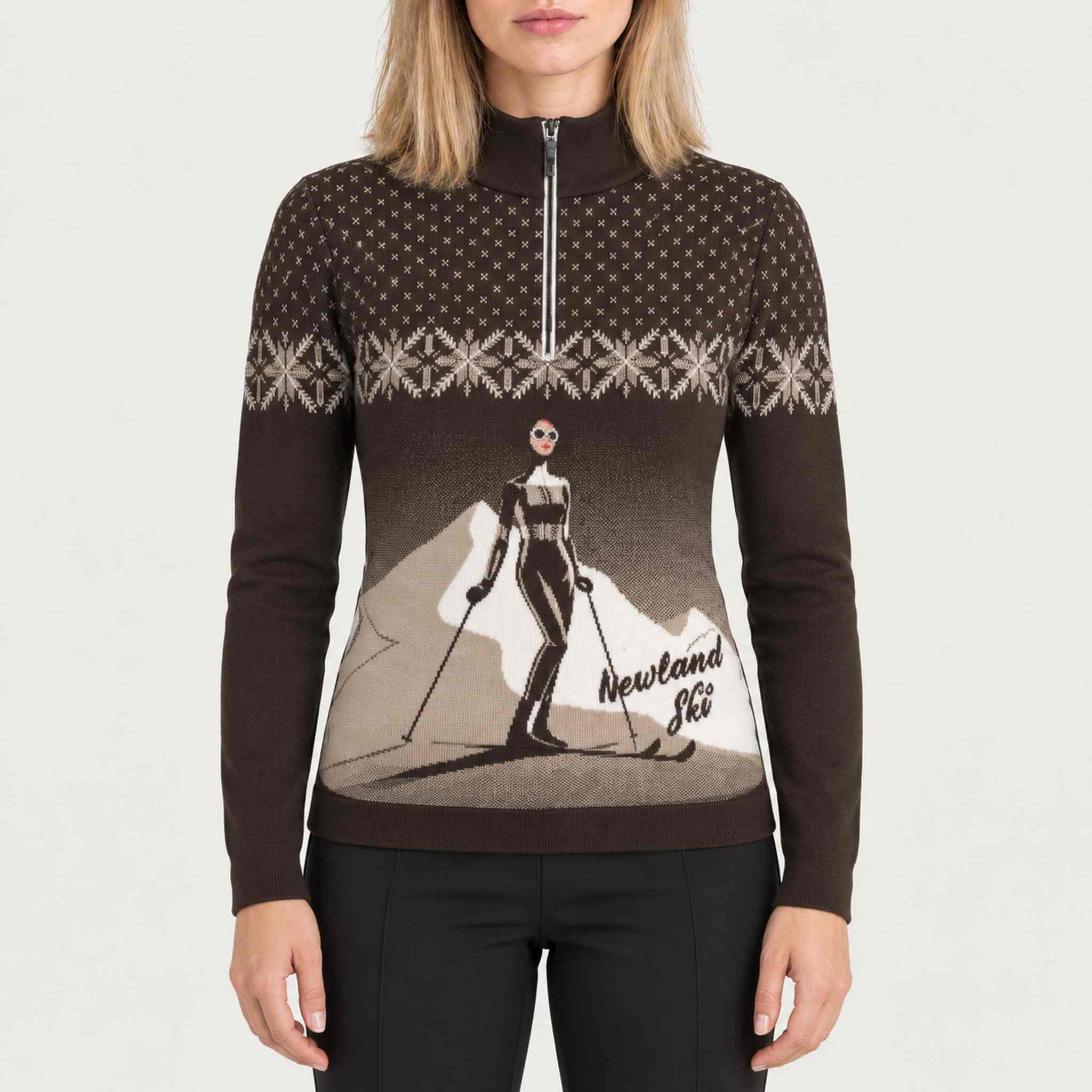 Newland womens Nivea Half Zip in Brown - model front. AI-generated from supplied artwork.