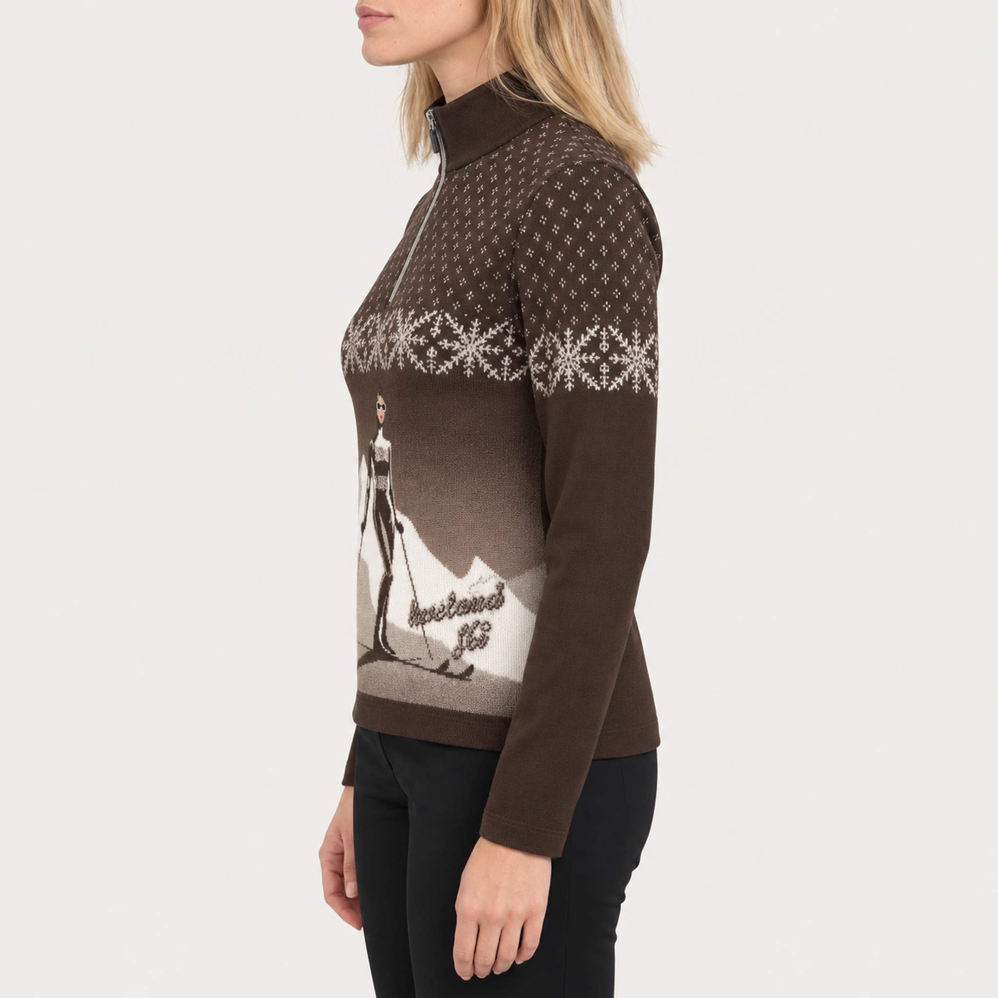 Newland womens Nivea Half Zip in Brown - model side. AI-generated from supplied artwork.