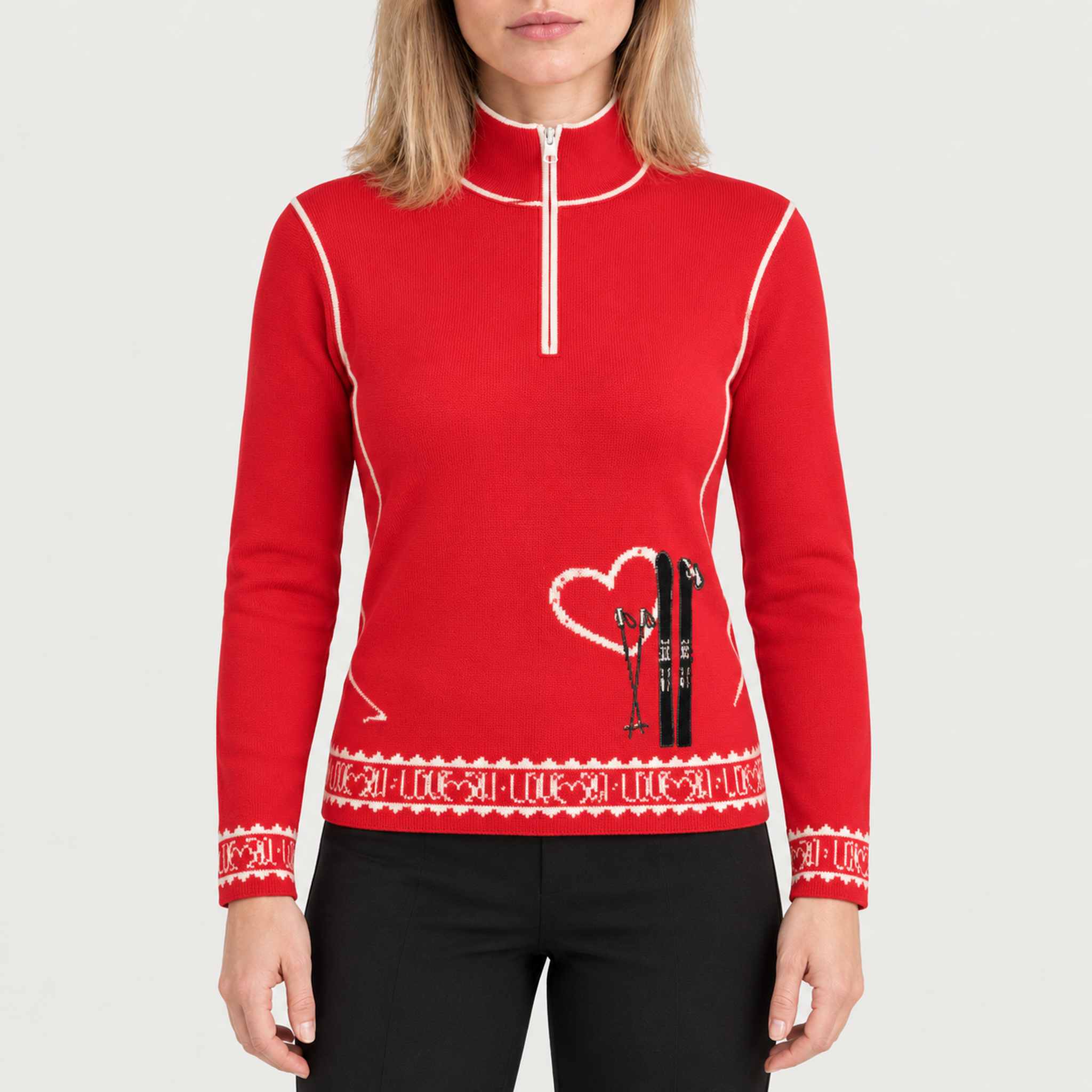 Newland womens Regina Half Zip Sweater in Red - model front. AI-generated from supplied artwork.