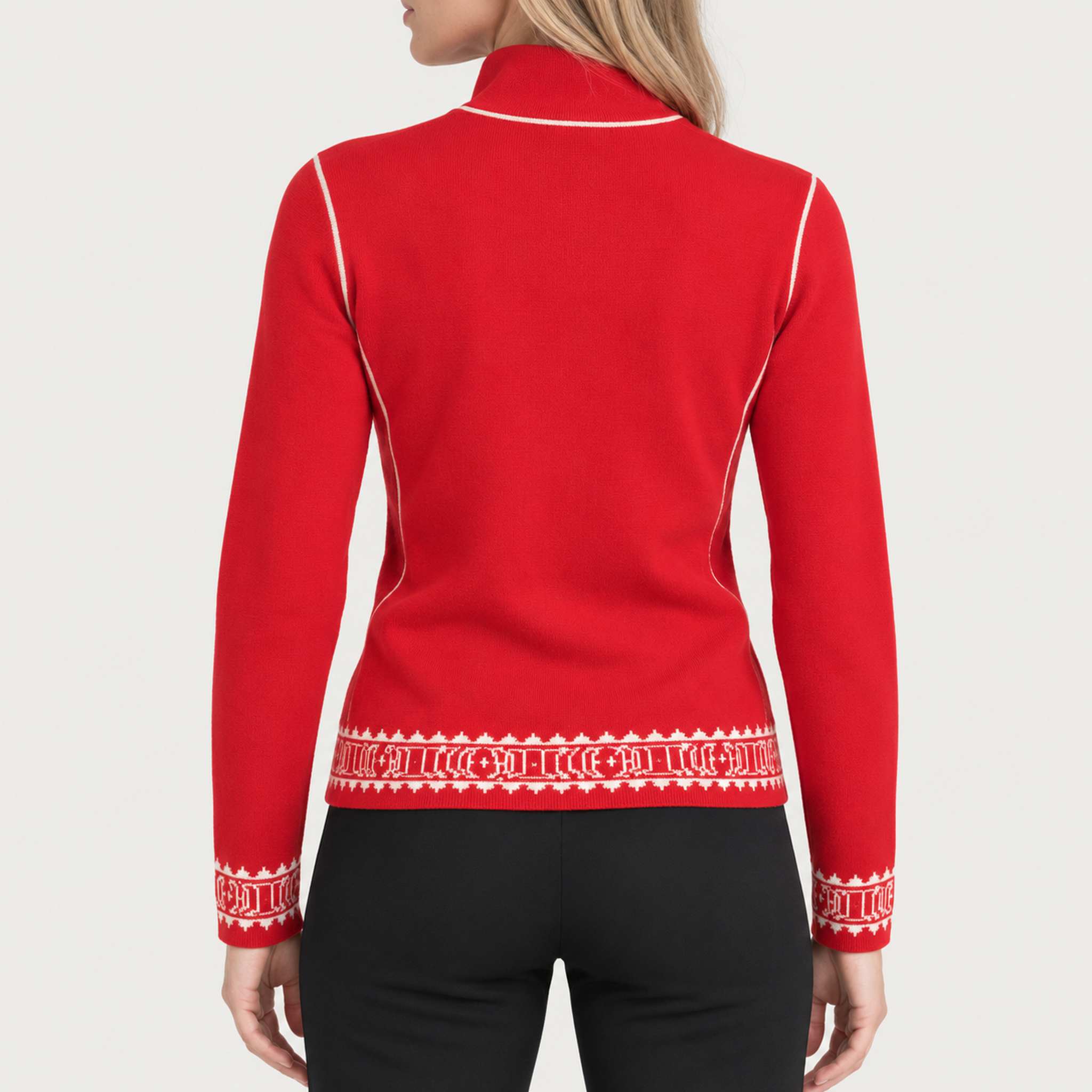 Newland womens Regina Half Zip Sweater in Red - model back. AI-generated from supplied artwork.