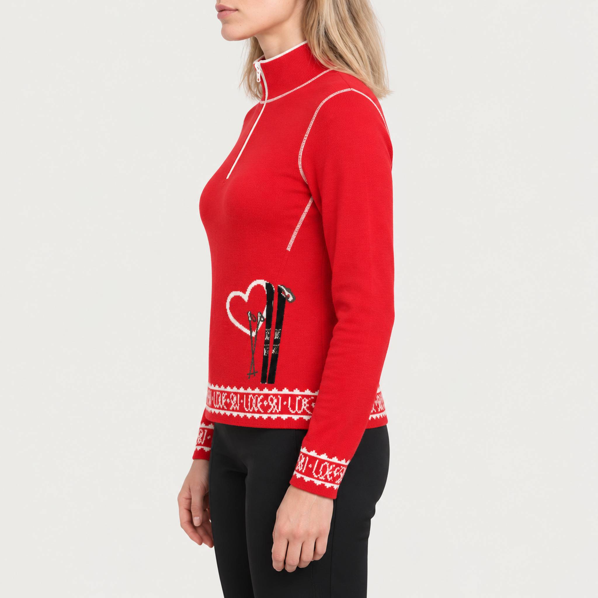 Newland womens Regina Half Zip Sweater in Red - model side. AI-generated from supplied artwork.