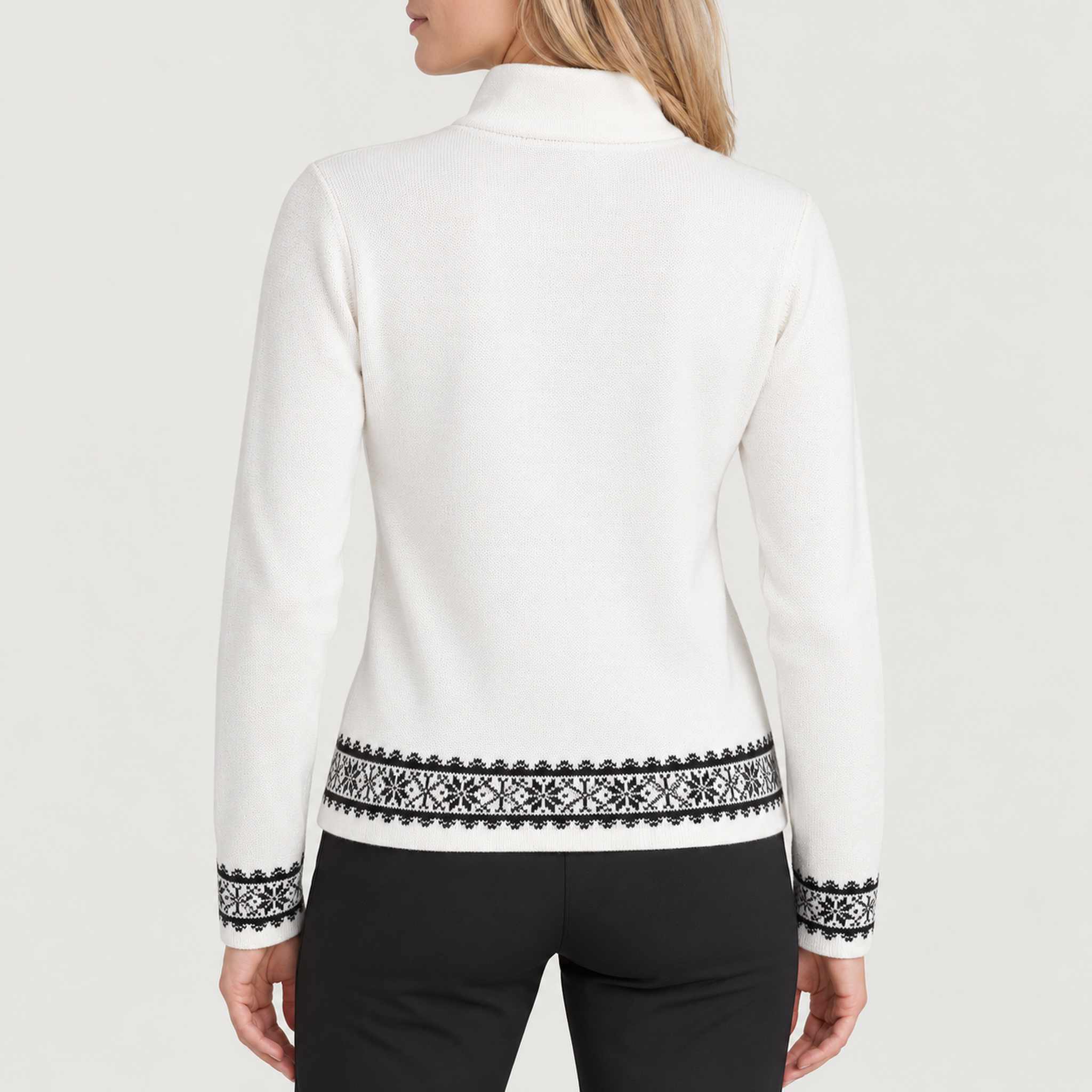 Newland womens Regina Half Zip Sweater in White - model back. AI-generated from supplied artwork.