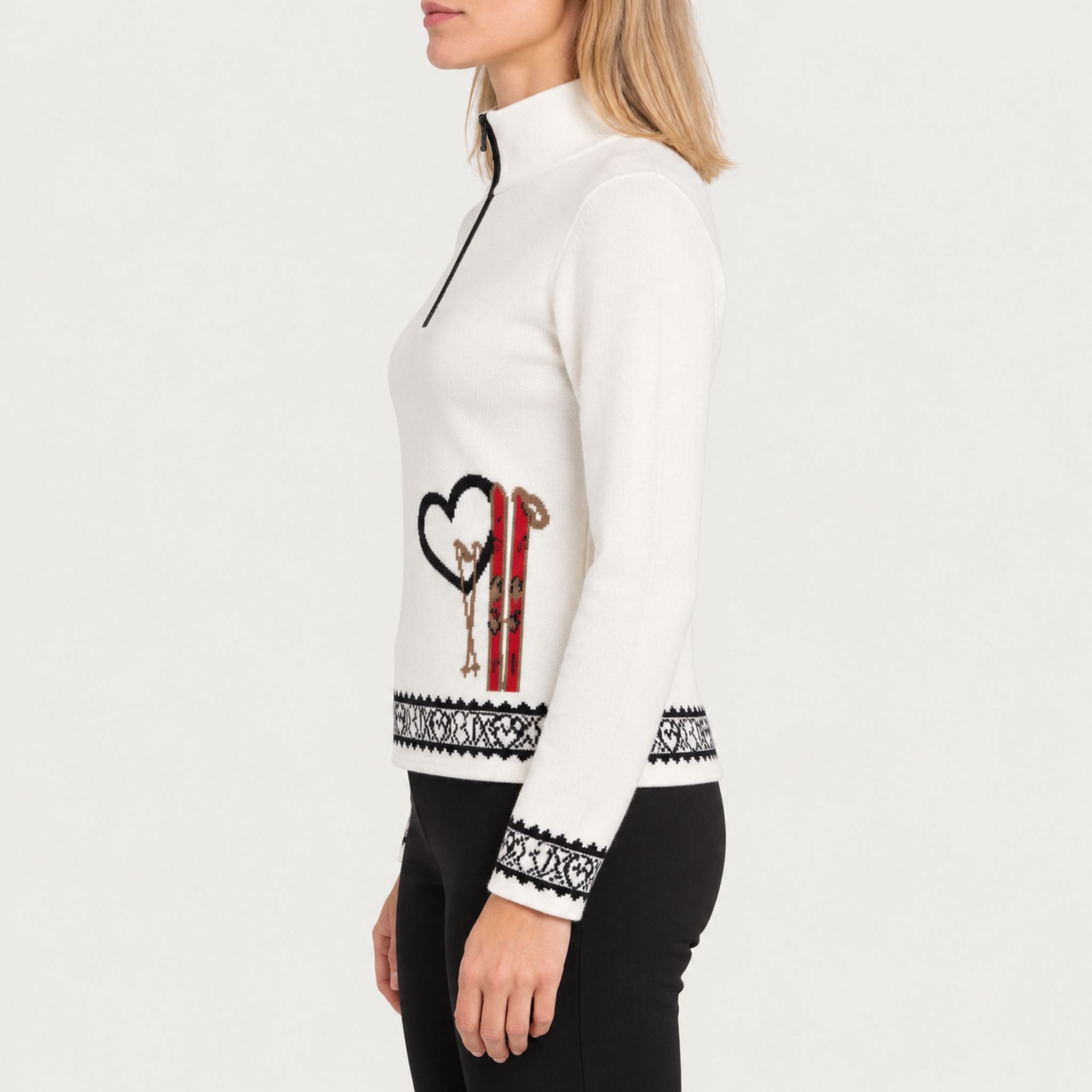 Newland womens Regina Half Zip Sweater in White - model side. AI-generated from supplied artwork.