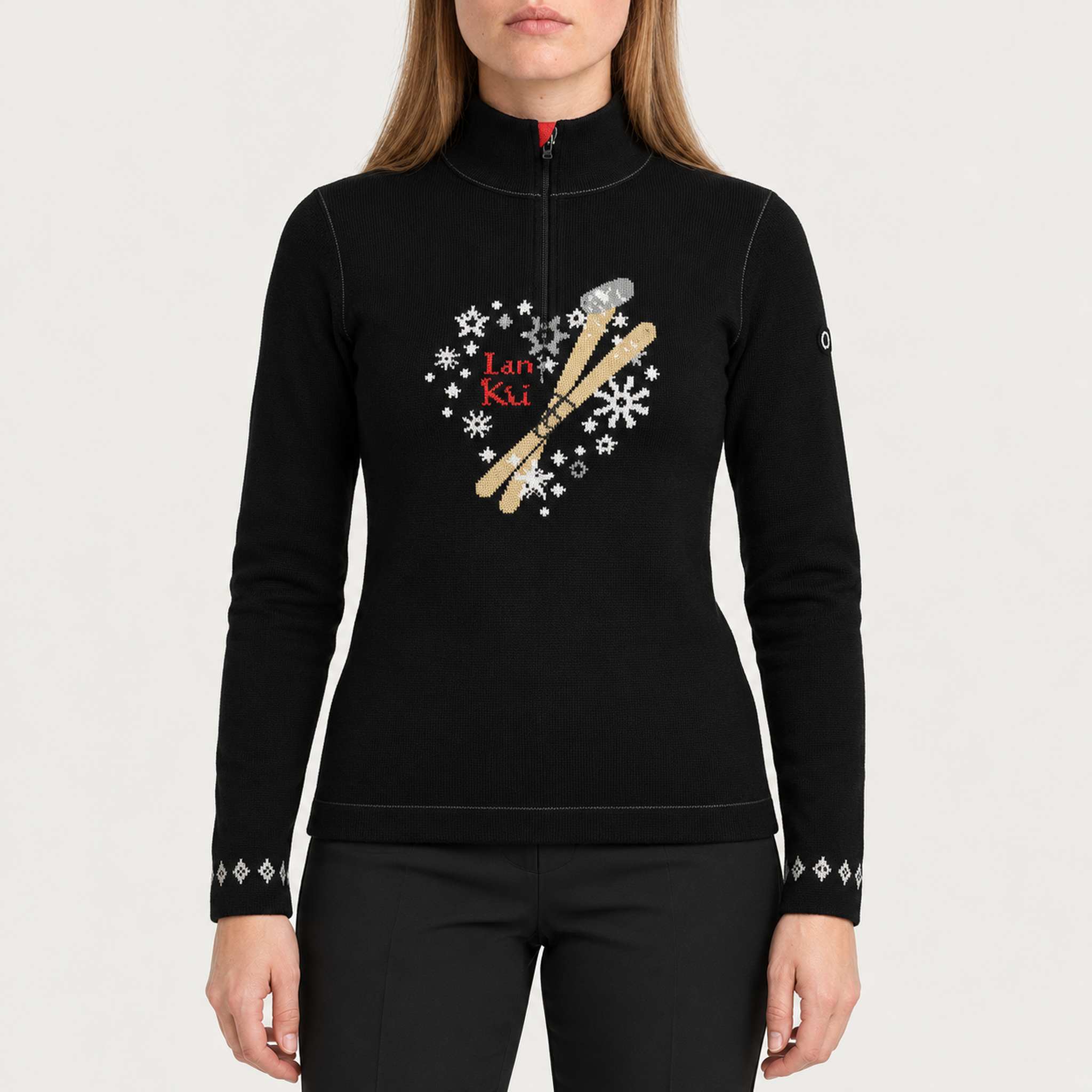 Newland womens Rhea Half Zip Sweater in Black - model front. AI-generated from supplied artwork.