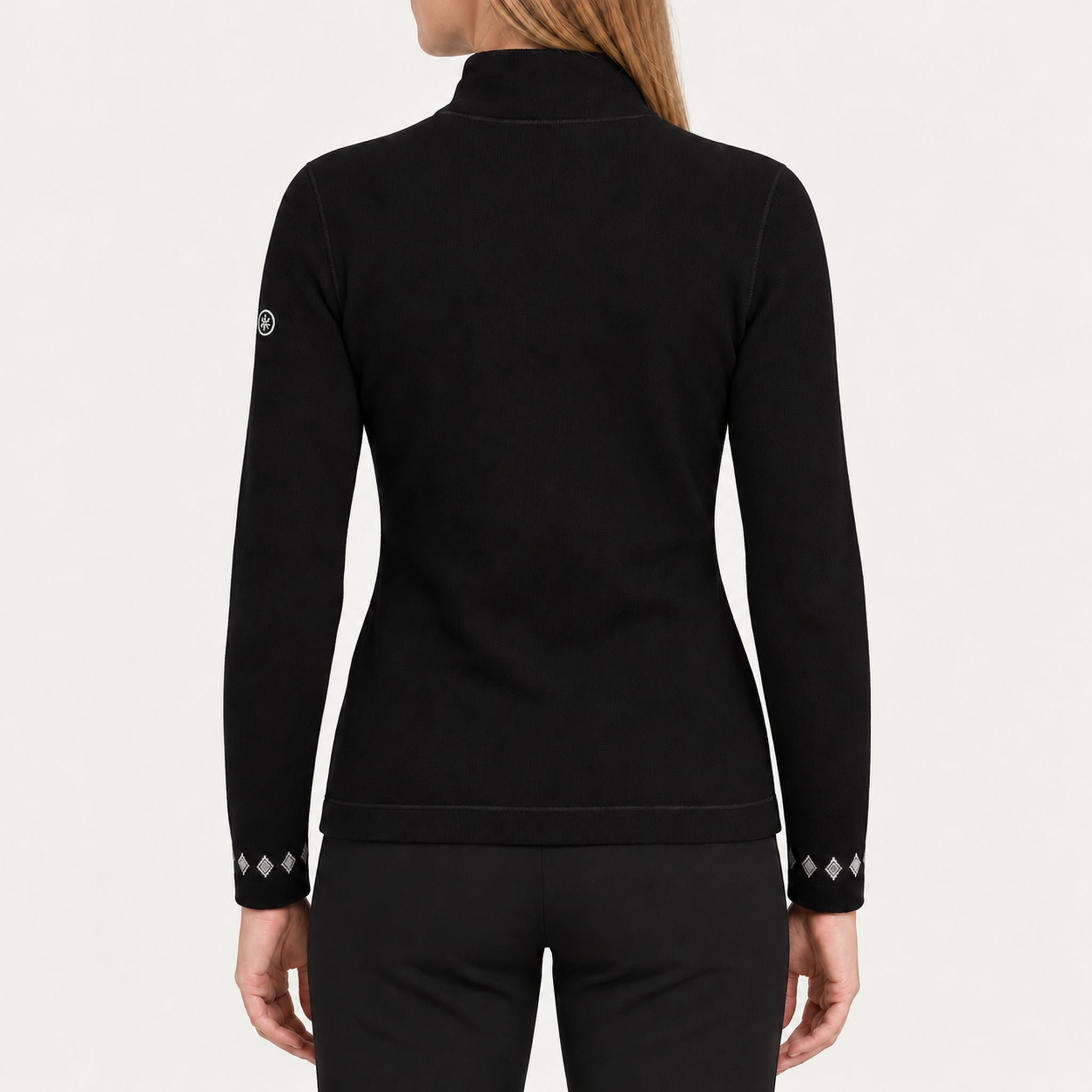 Newland womens Rhea Half Zip Sweater in Black - model back. AI-generated from supplied artwork.