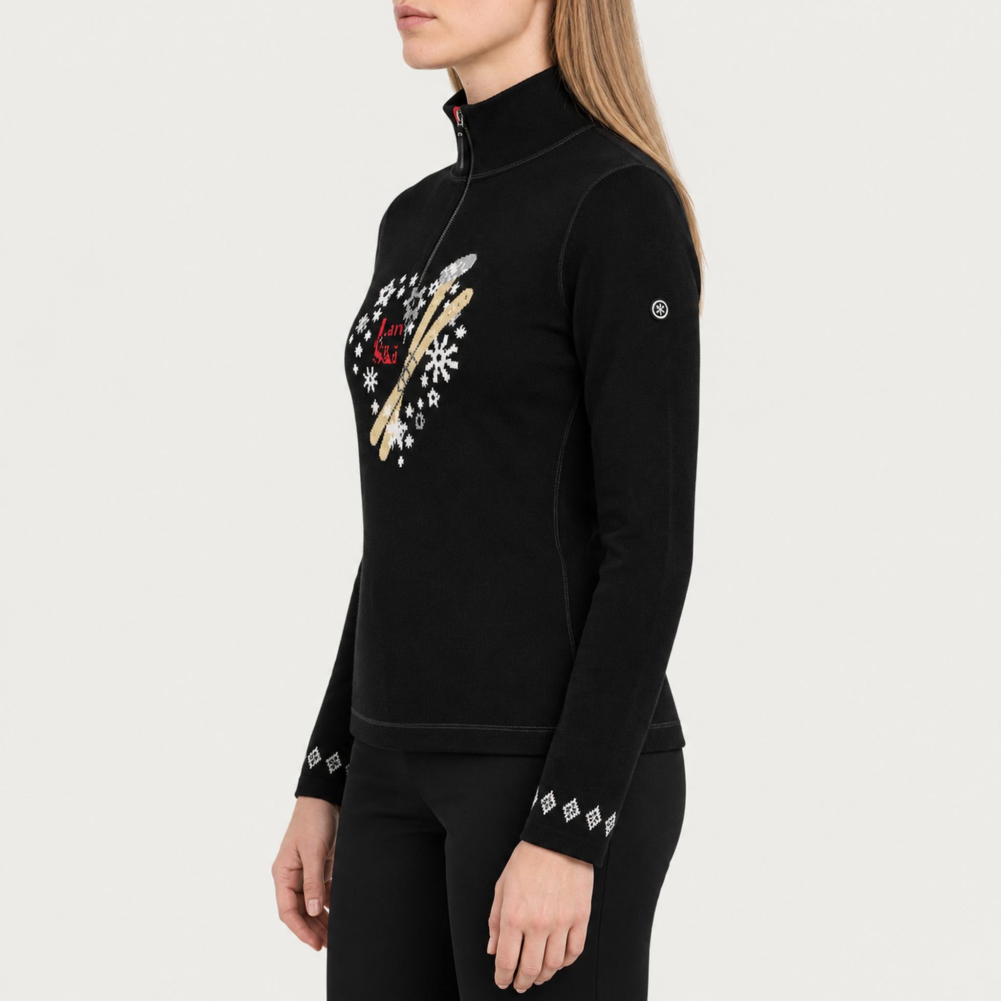 Newland womens Rhea Half Zip Sweater in Black - model side. AI-generated from supplied artwork.