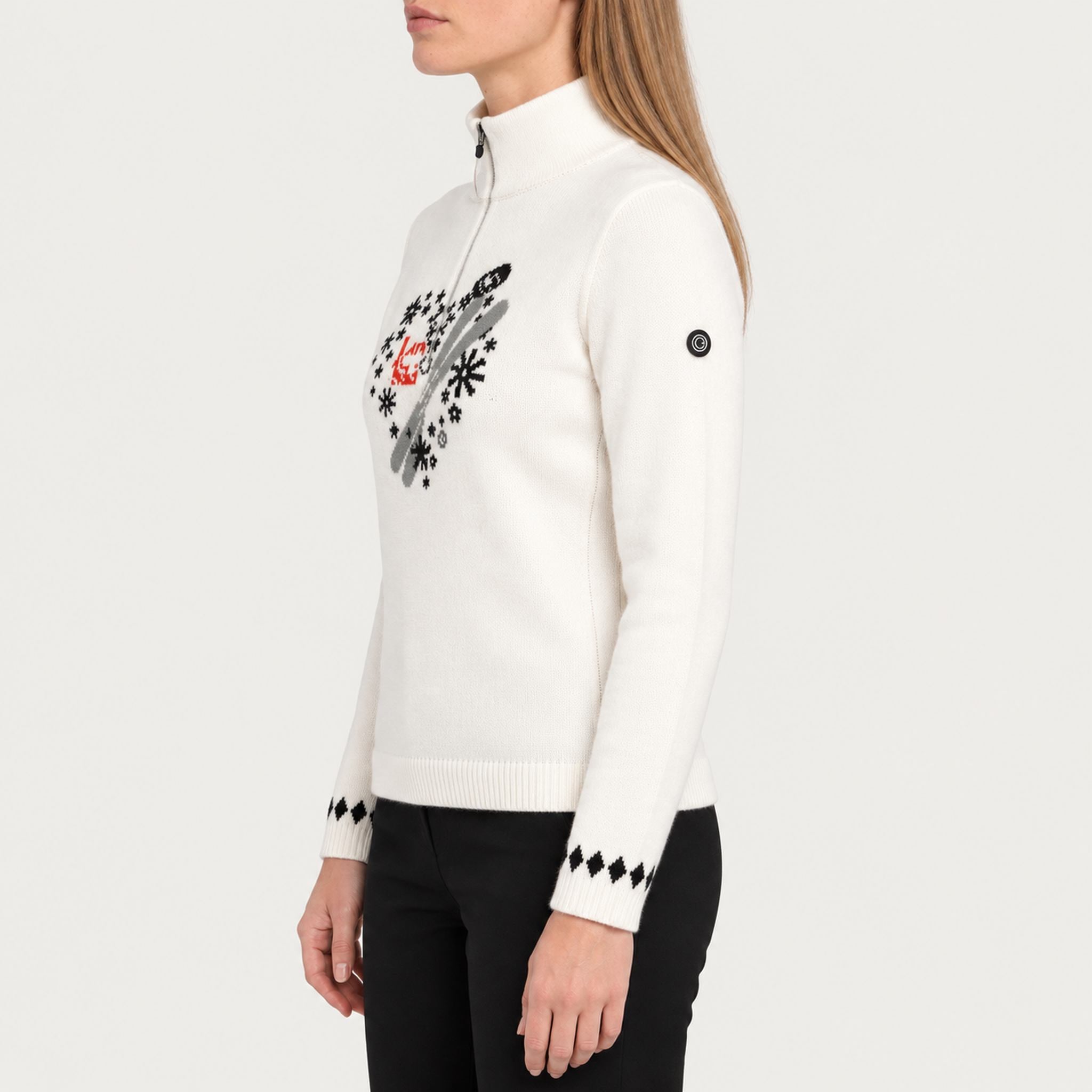 Newland womens Rhea Half Zip Sweater in White - model side. AI-generated from supplied artwork.