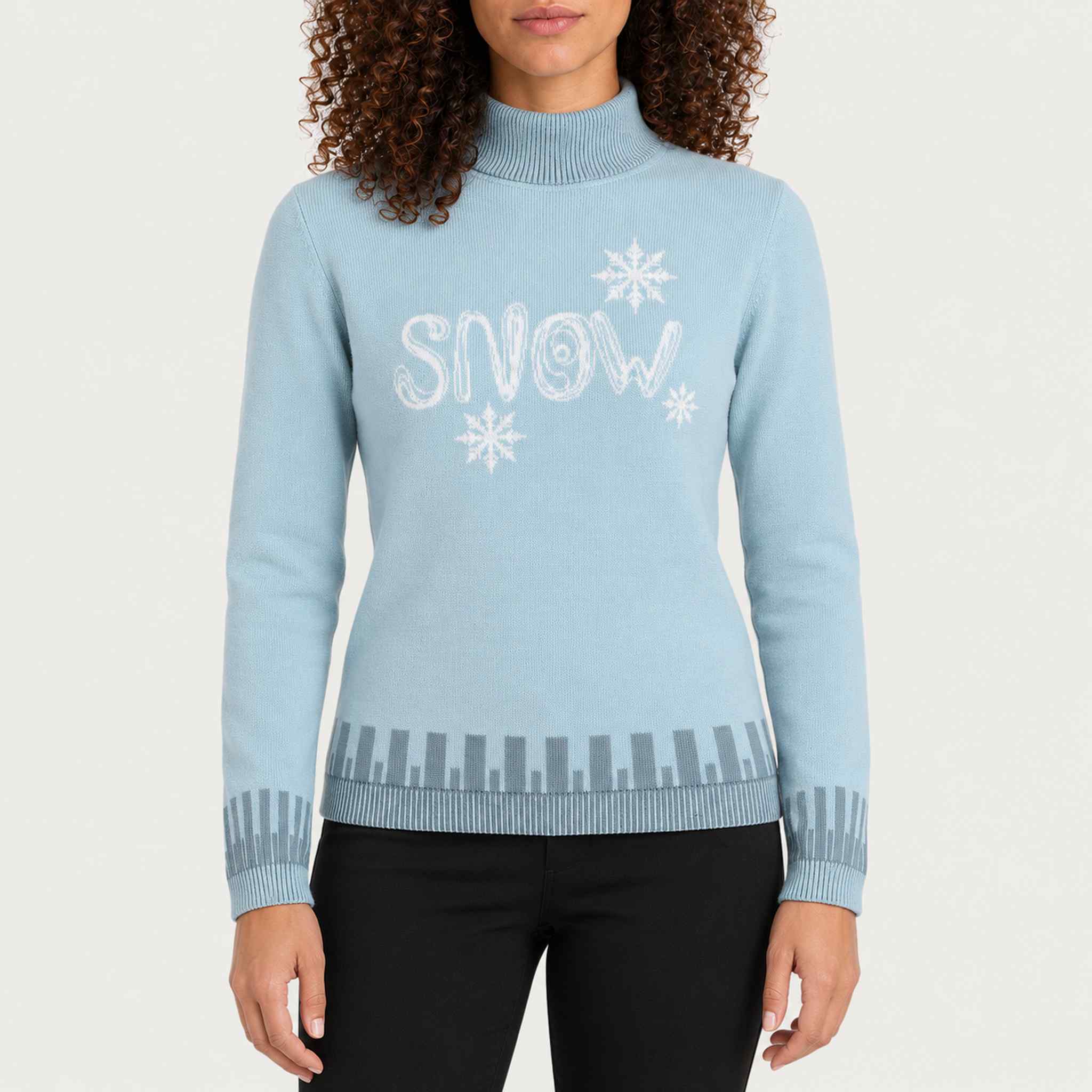 Newland womens Selene Turtleneck Sweater in Blue - model front. AI-generated from supplied artwork.