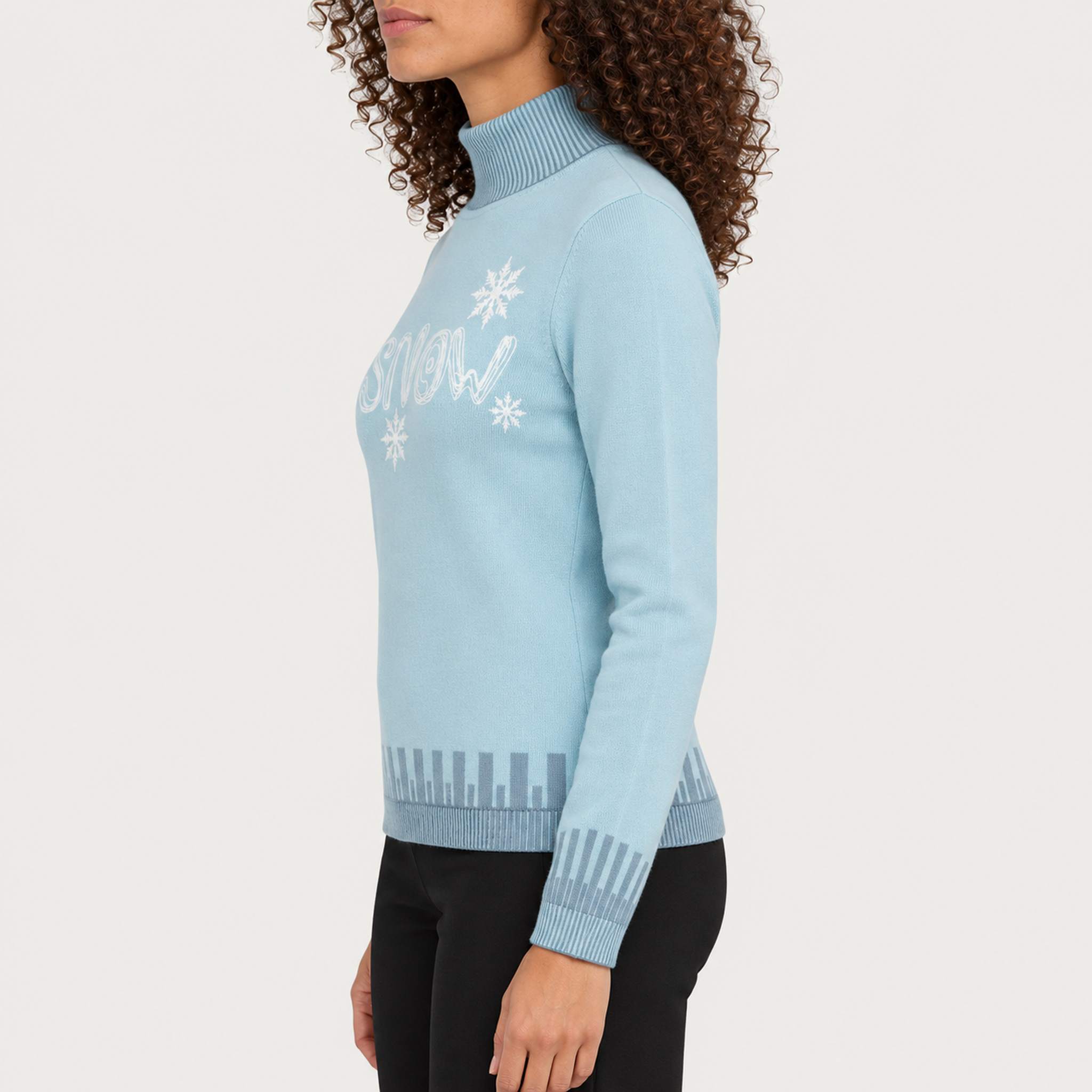 Newland womens Selene Turtleneck Sweater in Blue - model side. AI-generated from supplied artwork.