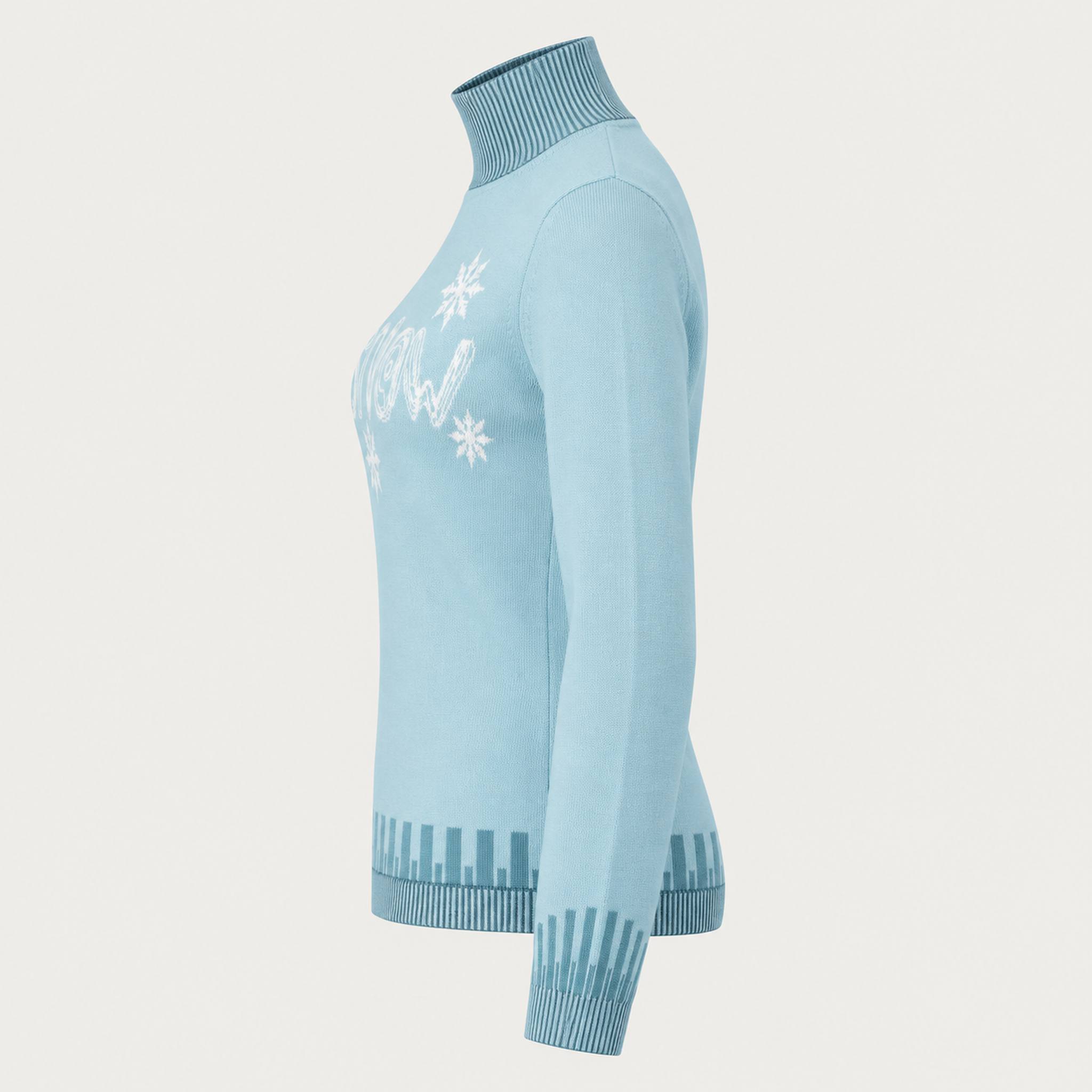 Newland womens Selene Turtleneck Sweater in Blue - side. AI-generated from supplied artwork.
