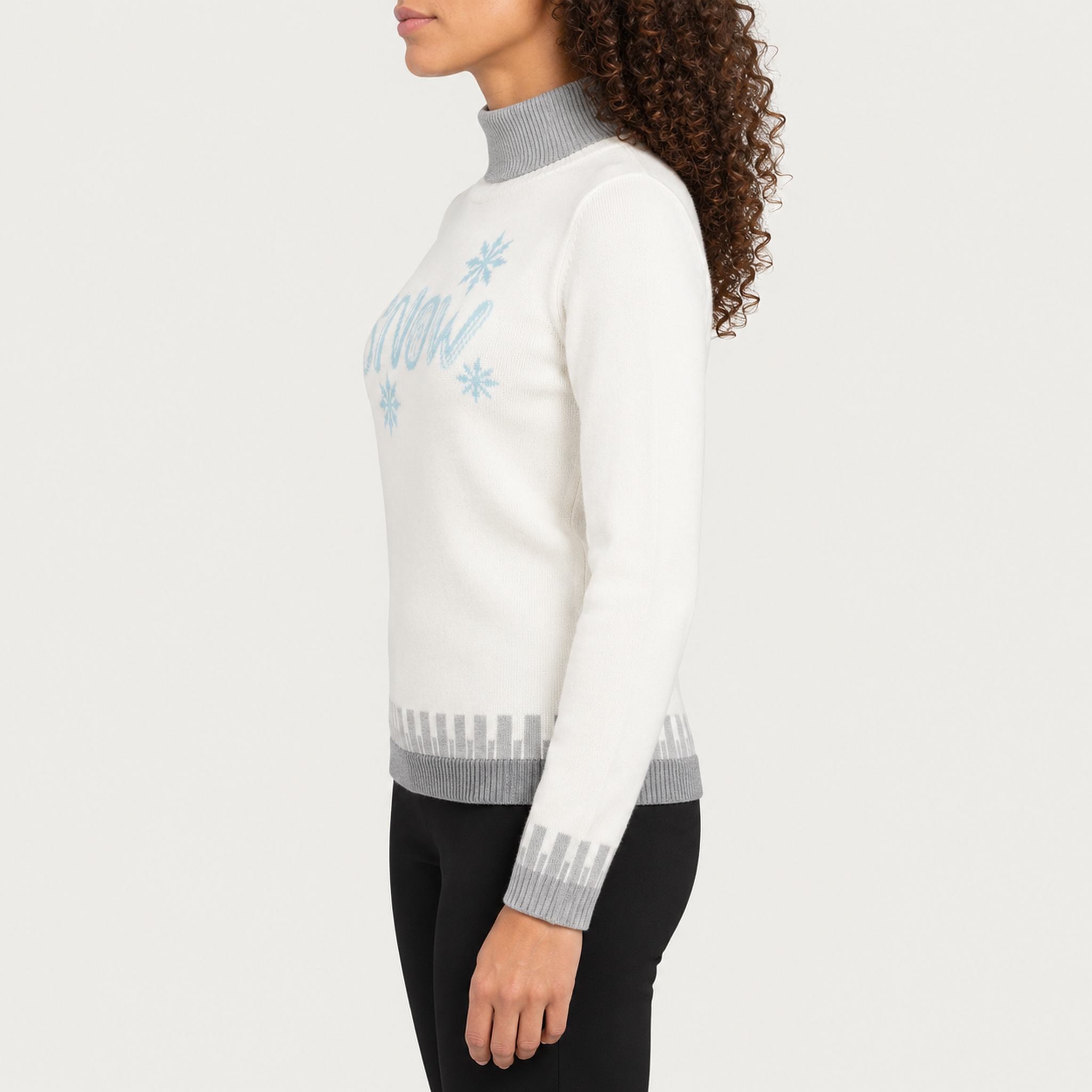 Newland womens Selene Turtleneck Sweater in White - model side. AI-generated from supplied artwork.