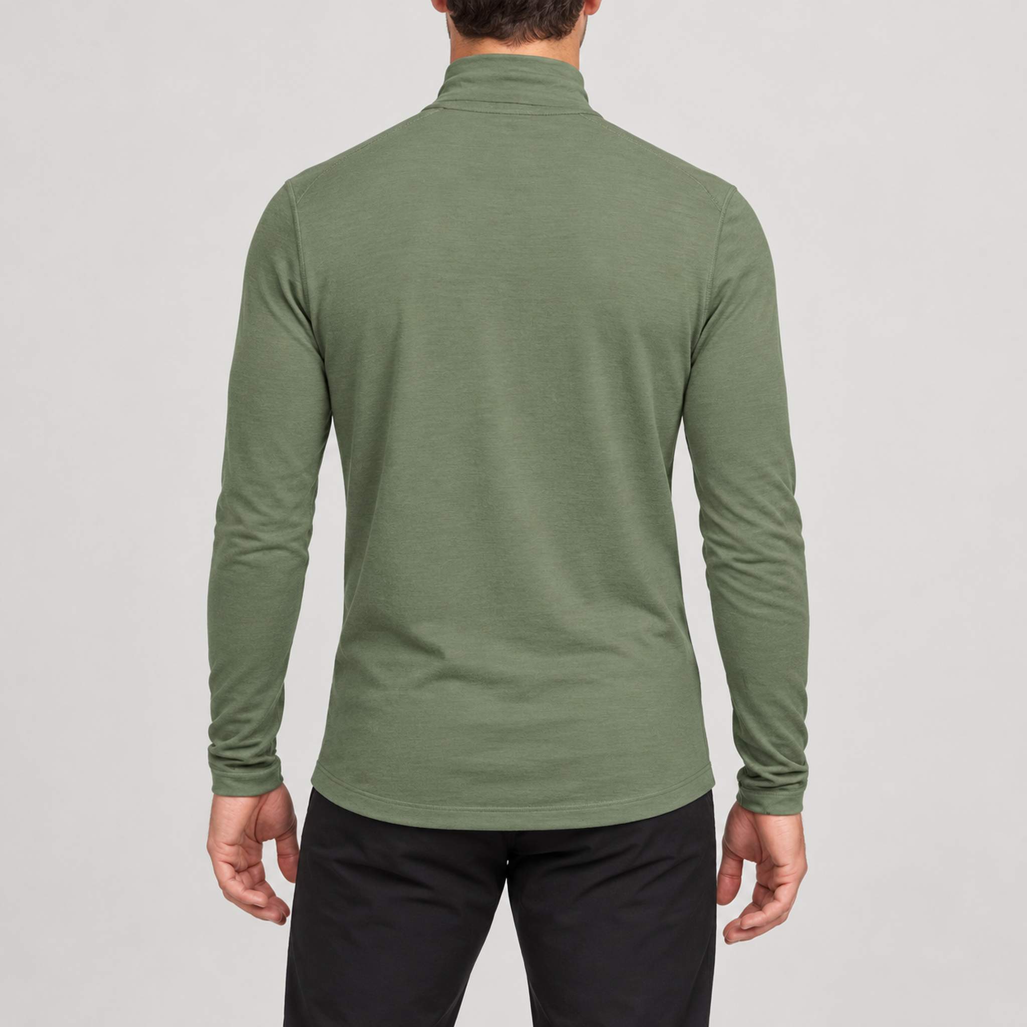 Norrøna men's Femund PureUll Half Zip in Deep Lichen Green – model back