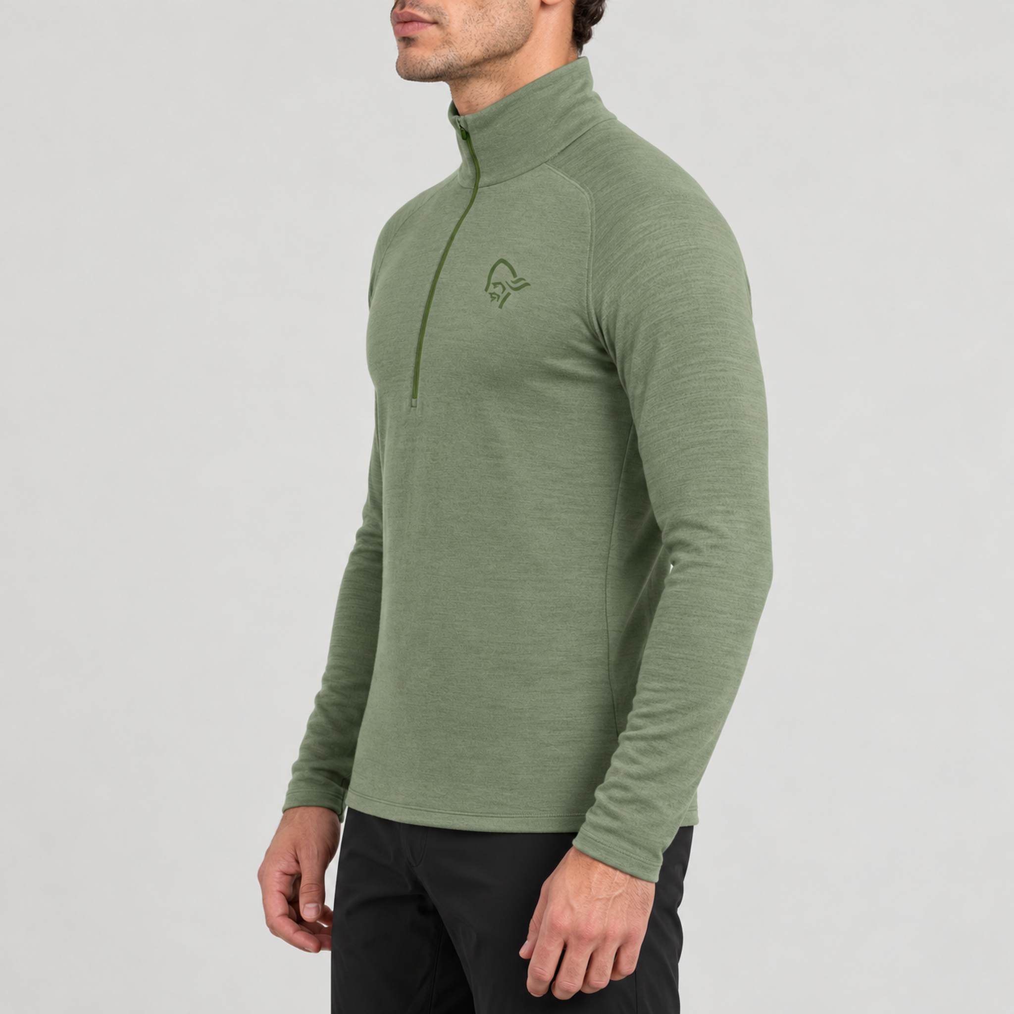 Norrøna men's Femund PureUll Half Zip in Deep Lichen Green – model side
