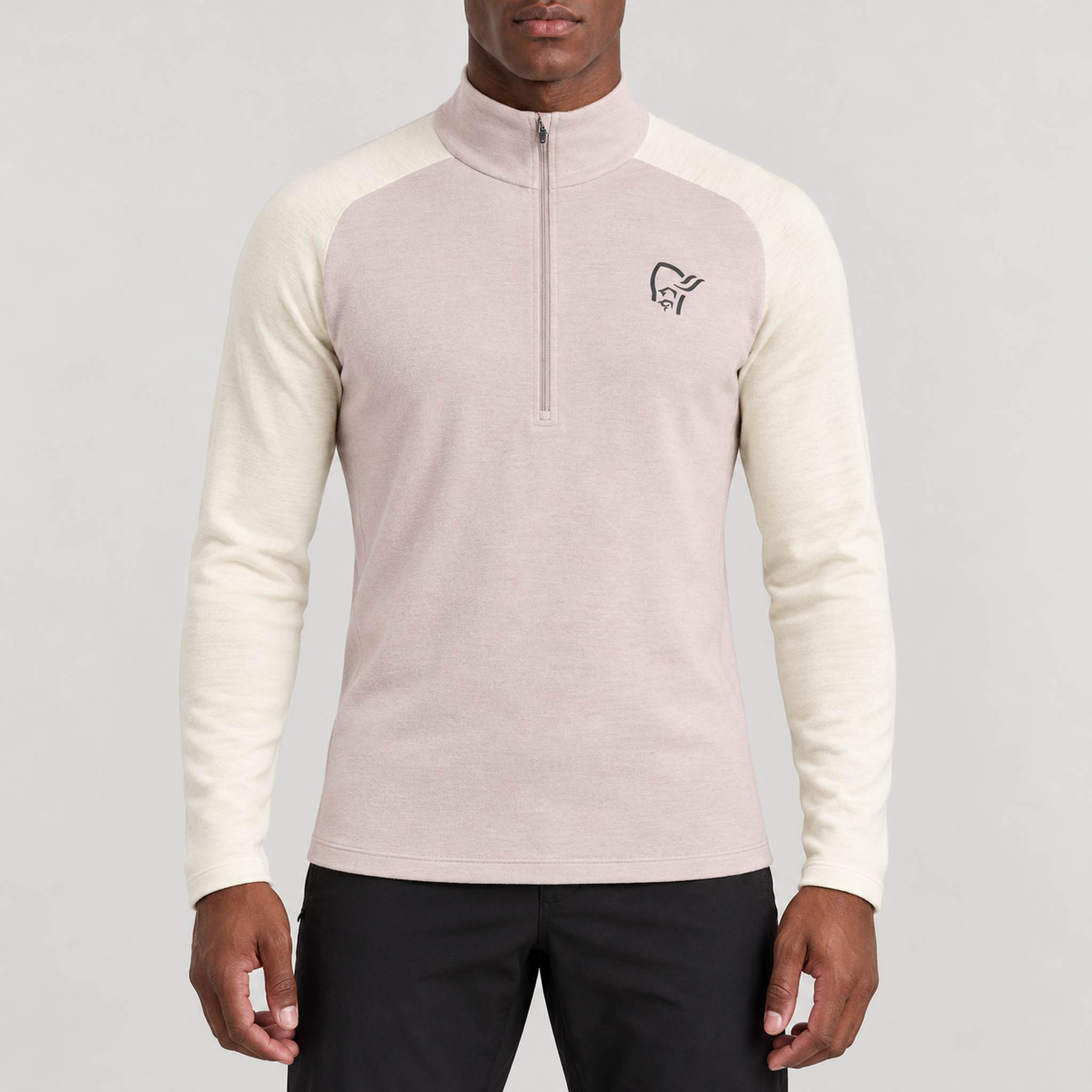 Norrøna men's Femund PureUll Half Zip in Oatmeal/Whisper White – model front