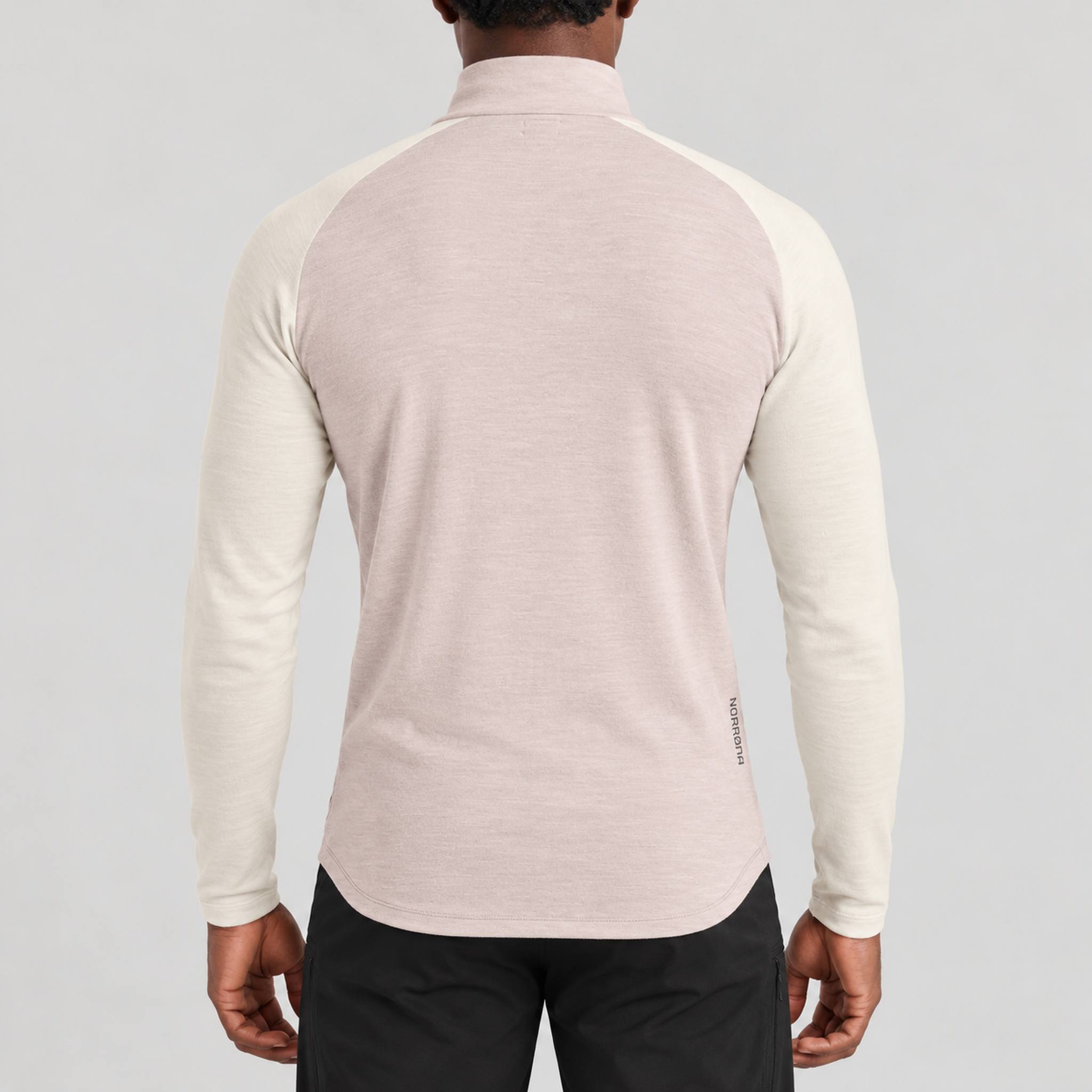 Norrøna men's Femund PureUll Half Zip in Oatmeal/Whisper White – model back