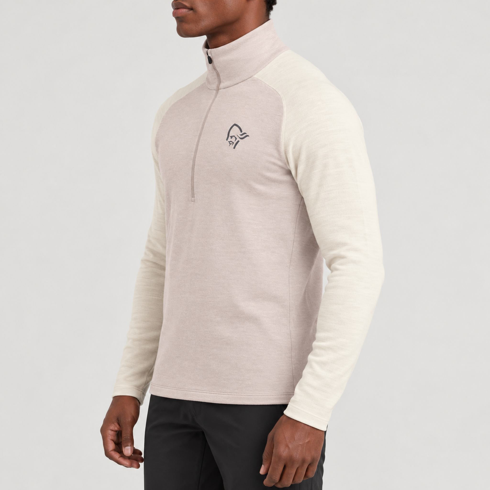 Norrøna men's Femund PureUll Half Zip in Oatmeal/Whisper White – model side