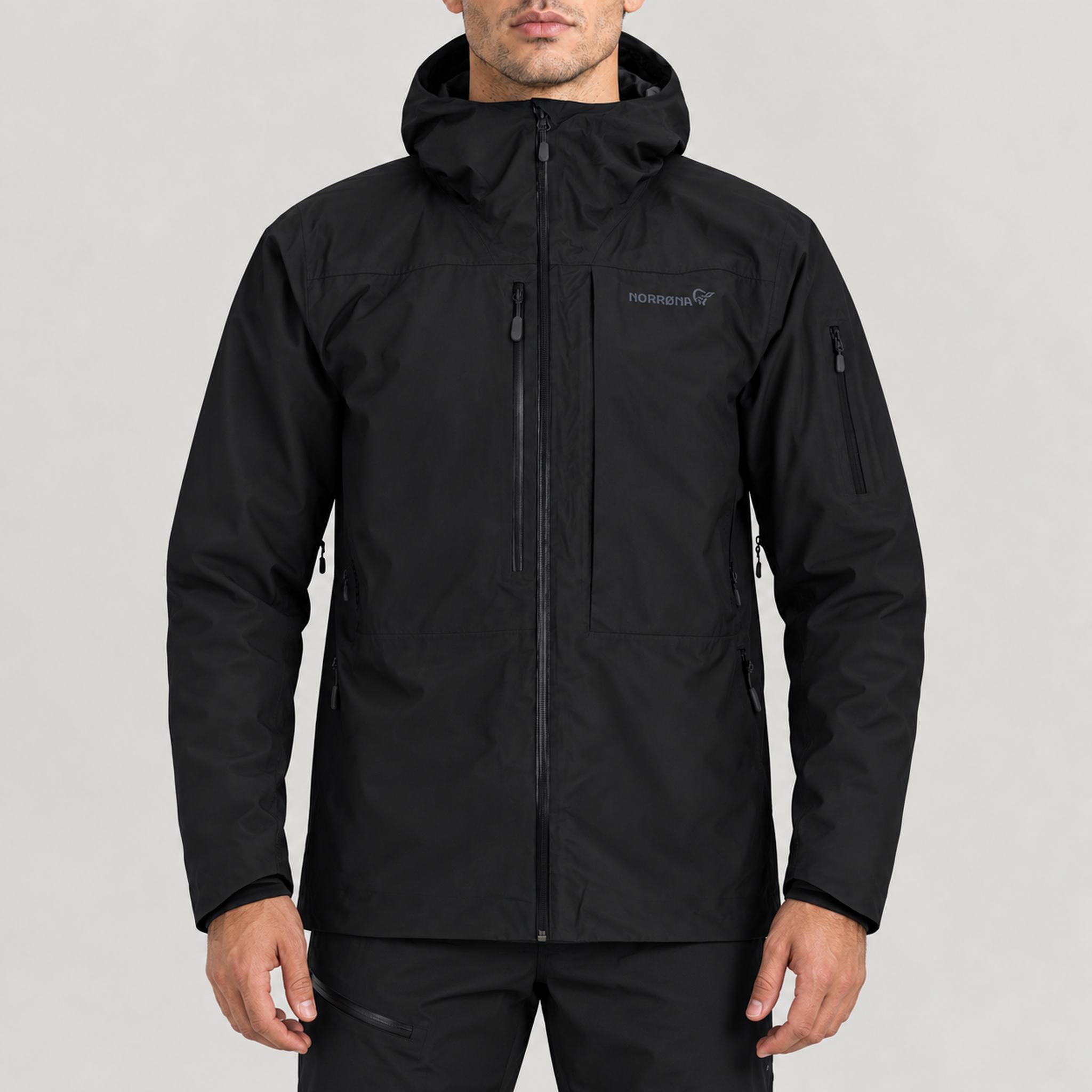 Norrøna men's Lofoten Gore-Tex Ski Jacket in Caviar Black – model front