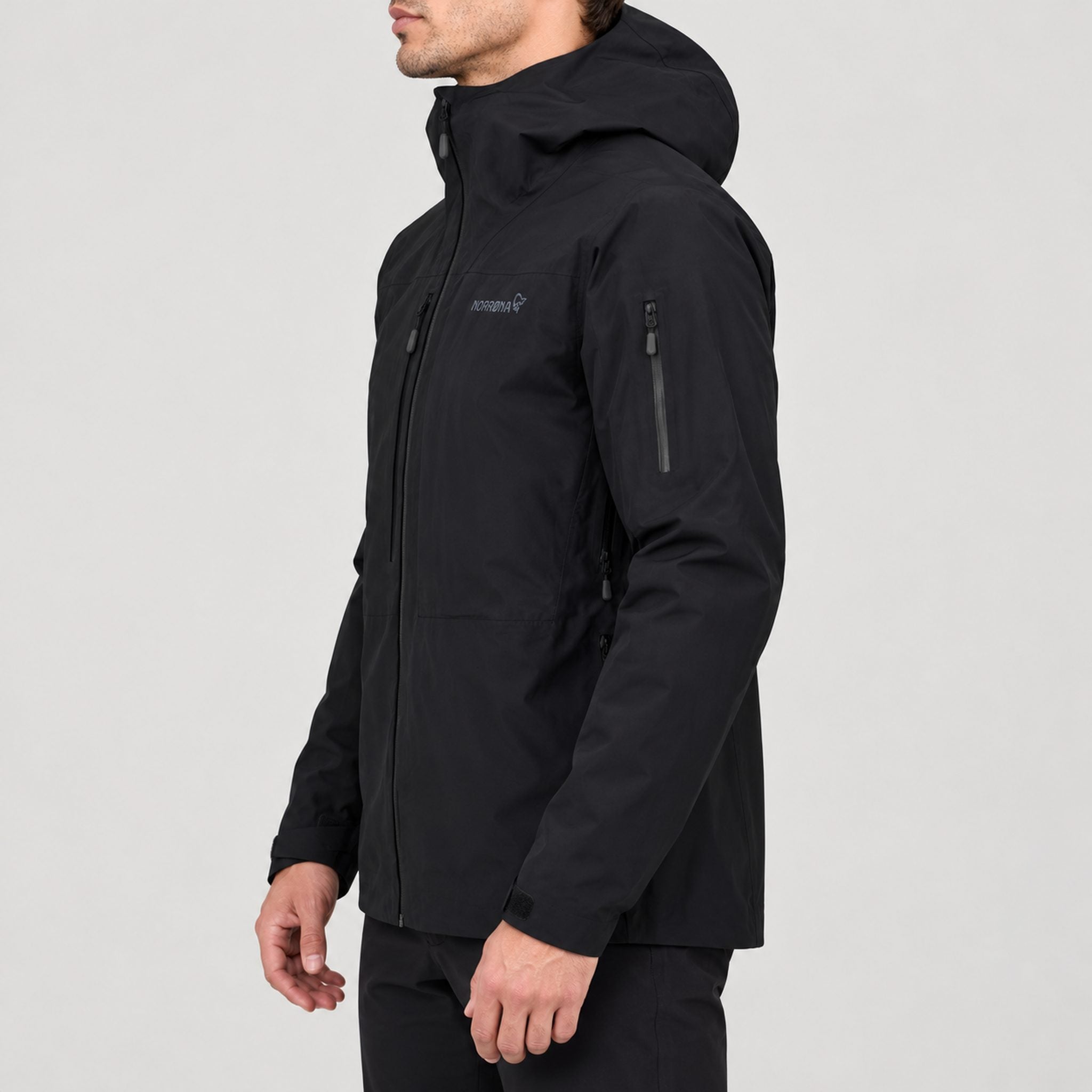Norrøna men's Lofoten Gore-Tex Ski Jacket in Caviar Black – model side