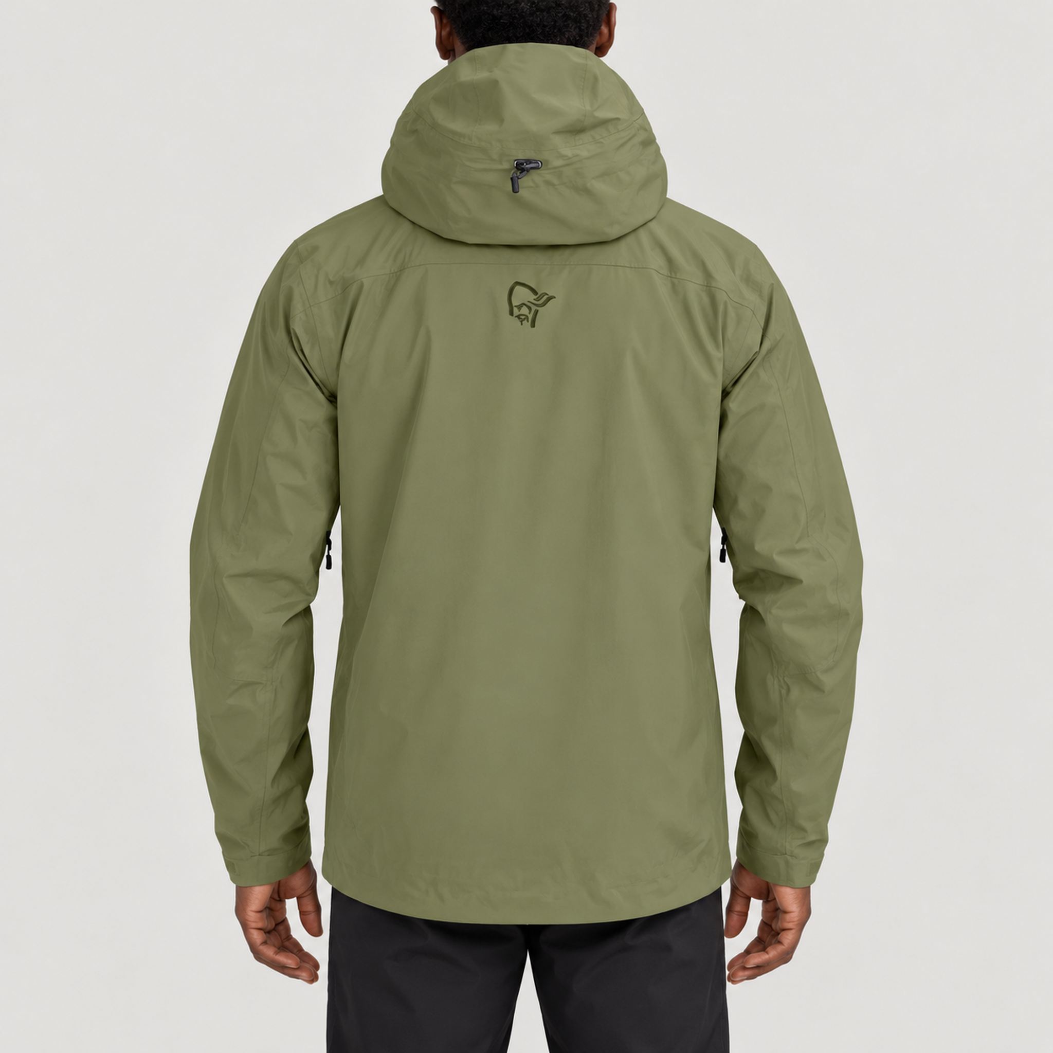 Norrøna men's Lofoten Gore-Tex Ski Jacket in Deep Lichen Green – model back