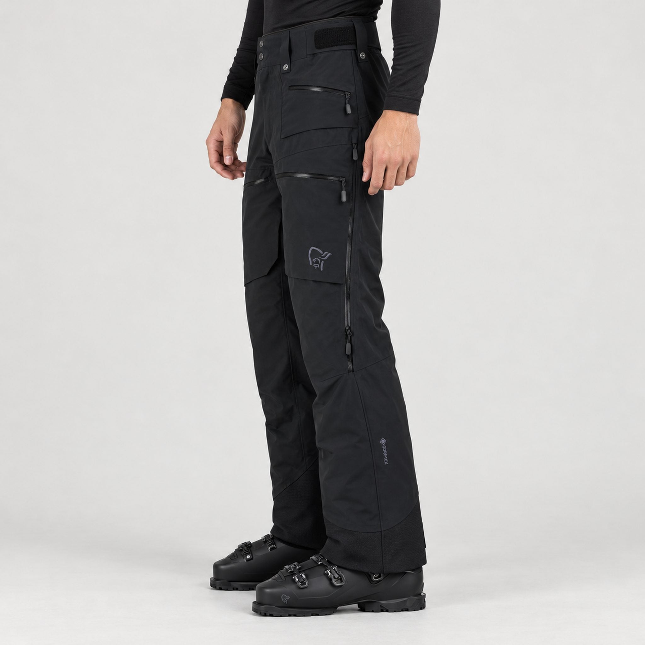 Norrøna men's Lofoten Gore-Tex Ski Pants in Caviar Black – model side